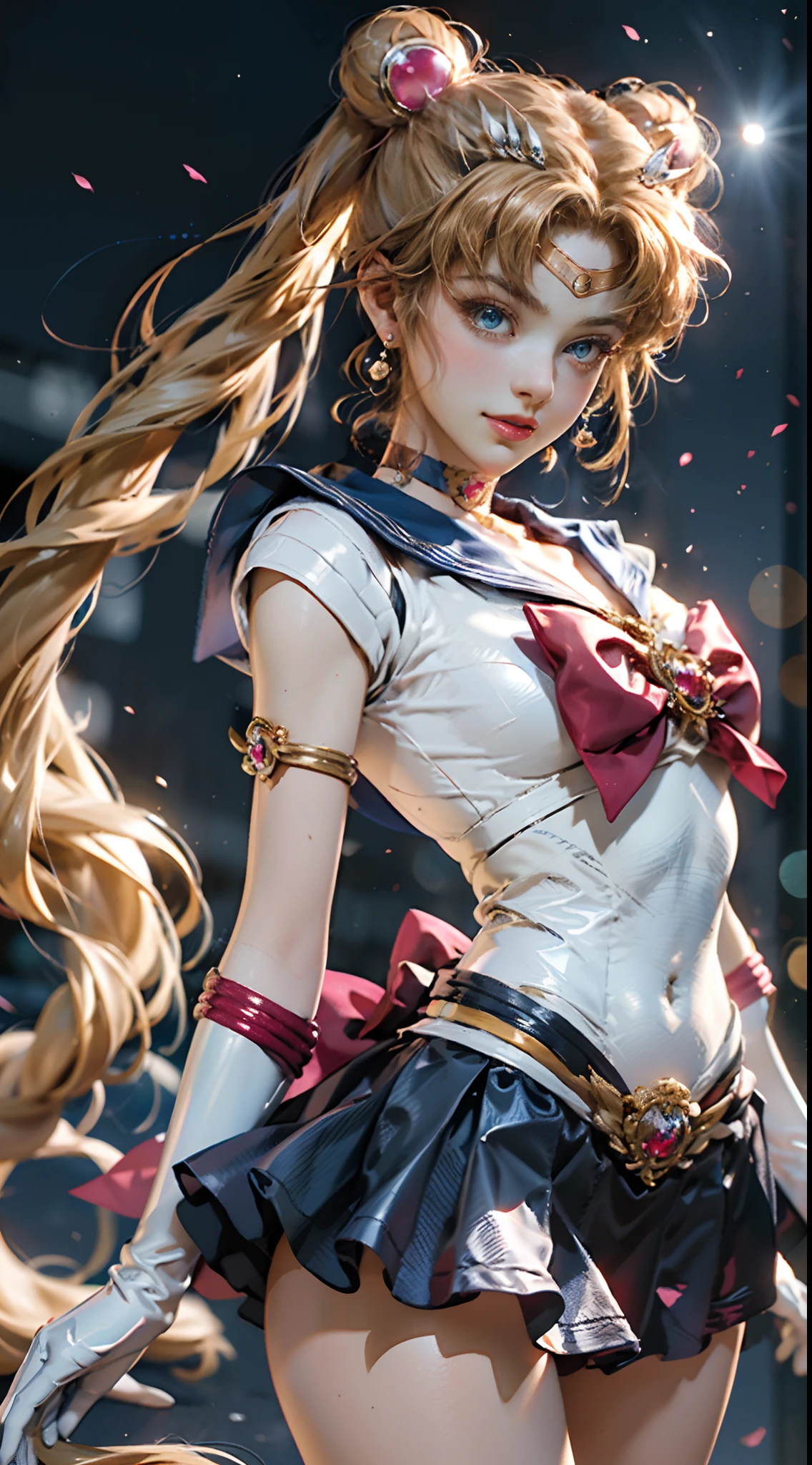 Masterpiece, Full: 1.3, Stand, 8K, 3D, Realistic, Ultra Micro Shooting, Top Quality, Extreme Detail CG Unity 8K Wallpaper, from below, intricate details, (1 female), 18 years old, (Sailor Moon supersailormoon mer1, Tiara, Sailor Senshi Uniform Sailor: 1.2, Sailor Moon: 1.2), Impossibly long bright twin-tailed blonde, thin and very long straight twin-tailed blonde, hair bun, red round hair ornament in a hair bun, Sailor Senshi uniform, (blue collar, blue sailor collar, blue pre-gate mini skirt: 1.3, very large red bow on the chest: 1.3, long white latex gloves: 1.3, red gloves on the elbows, Very large red bow behind the waist: 1.1, cleavage is looking large, golden tiara, earrings), (face details: 1.5, bright blue eyes, beautiful face, beautiful eyes, shiny eyes, thin lips: 1.5, thin and sharp pale eyebrows, long dark eyelashes, double eyelashes), luxurious golden jewelry, thin, thin and muscular, small face, big breasts, perfect proportions, Thin waist, sexy model pose, visible pores, seductive smile, perfect hands: 1.5, high-leg swimsuit, very thin and fit high-gloss white holographic leather, octane rendering, very dramatic image, strong natural light, sunlight, exquisite lighting and shadow, dynamic angle, DSLR, sharp focus: 1.0, Maximum clarity and sharpness, (space background, moonlight, moon, dynamic background, detailed background),(aausagi, double bun, twintails, parted bangs, circlet, jewelry, earrings, choker, red bow, white gloves, elbow gloves, blue skirt
)