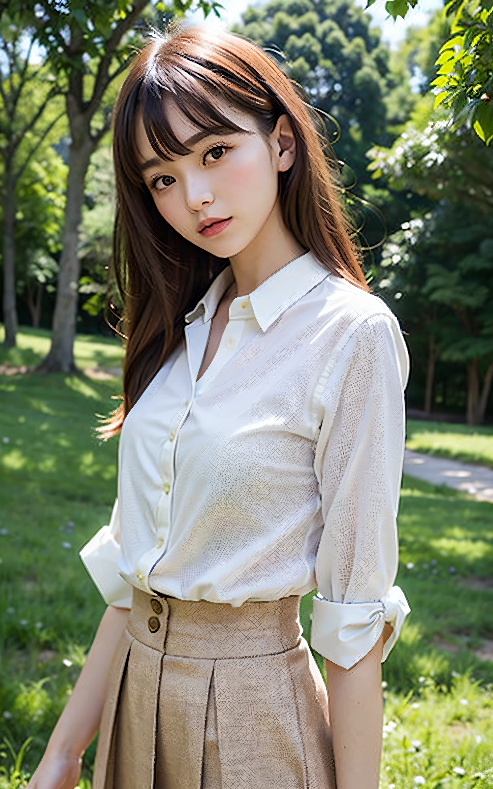 (Photo Real:1.4), (hyper realisitic:1.4), (realisitic:1.3), (Smooth lighting:1.05), Professional Lighting, 1girl in, Neat and clean beauty, . lovely, Cute, Girly, Enduring Sorrow, blouse, Long flared skirt, Warm light, Realistic lighting. Back lighting, (Improved image quality:1.4). (Finest Real Textured Skins). finely eye. Small face of thin daughter. mideum breasts. Pointed jaws. close up of face. Korean Idol, Gravure Idol Pose (Bodyline mood improvement:1.1). glowy skin, Nogizaka Idol, Outdoors, forest