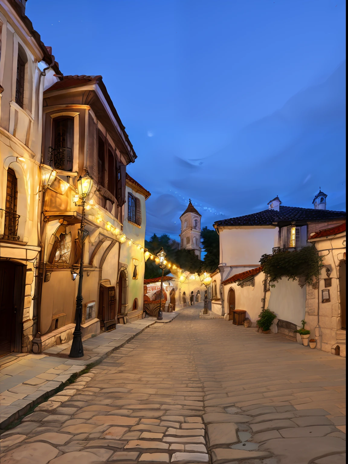 plovdiv old town, winding streets, lights, dusk