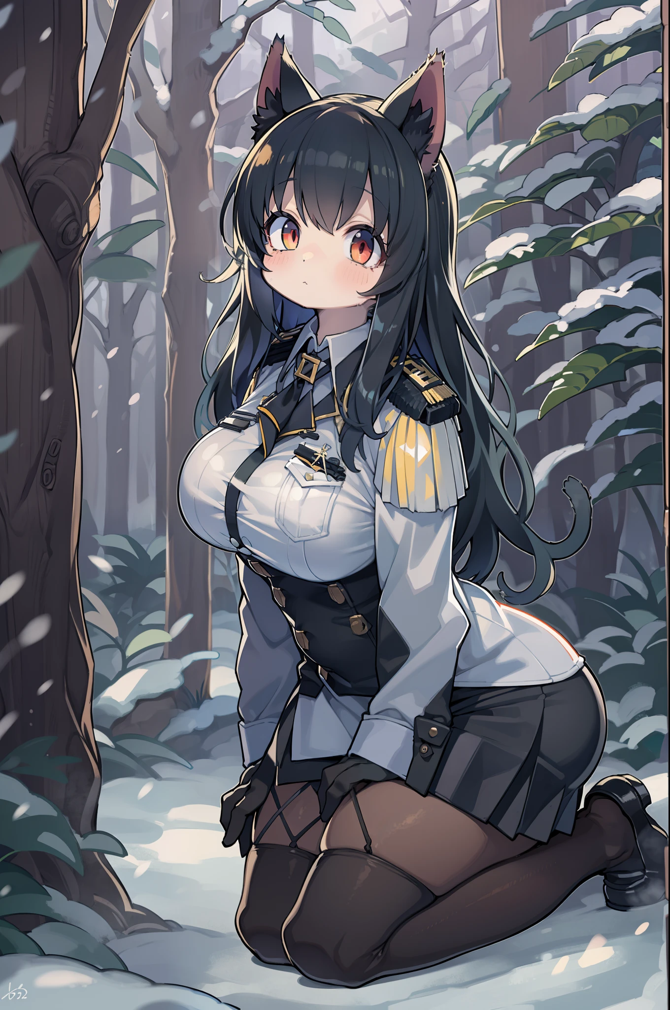 snowy forest, Black hair, Cat ears, Cat Girl, Red Eyes, Kneeling, Nazi officer uniform, Nazi, Germany, Black Officer Uniform,huge-breasted
