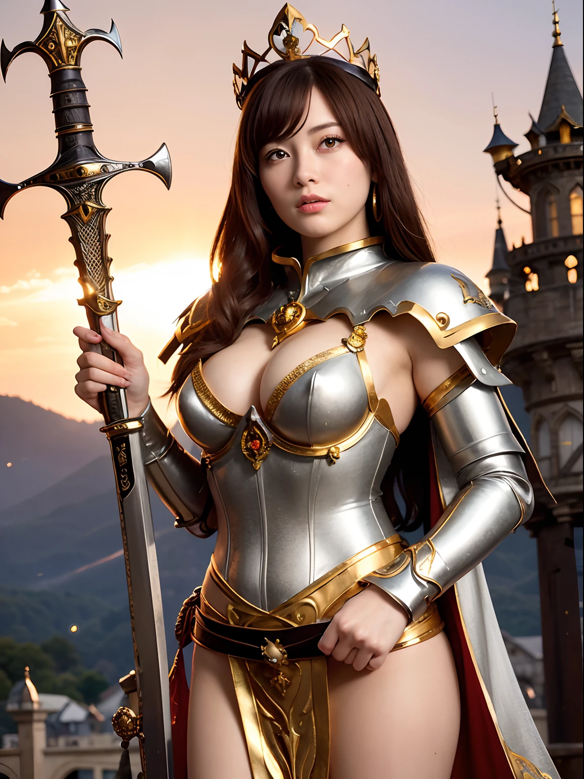 Professional , ​masterpiece、top-quality、photos realistic , depth of fields （Gemstone Silver Metal Body:1.９),(Matte Silver、Jewel Gold Weapon、（Gorgeous castle background）、Holding the Sword of Heroes、（Jewel White Metal Body:1.４),（（Gorgeous Jewel Metal Weapons）） , Fighting、（（Holding the Sword of Heroes）） ,（close-up，dream magical，tornado ）   ,(Micro Bikini Armor),warhammer 40k , adepta sororitas,Detail and ornate jewel crown、Brown hair、（Gangle's forest background）、１a person、dynamic ungle,(((Diamond tiara with detail and luxury)))、a small face、A smile、Powerful poses、（Gorgeous castle background）、huge filesize、20 year old beautiful woman、Stand in the center of the screen、Thin female fingers、Straight long hair、Beautiful Caucasian beauty、Mystical expression、Lightly open your mouth、,Luminescent particles,light scattering,Tindall Effect、Fighting、