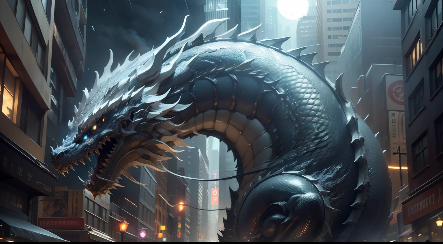 At night, The Silver Dragon invades the metropolis,Floating in the street,dense,frenzied,Realistic texture,Realistic cinematic effects,detail-rich,realisticlying,Ultra-high quality GC quality,Look up,