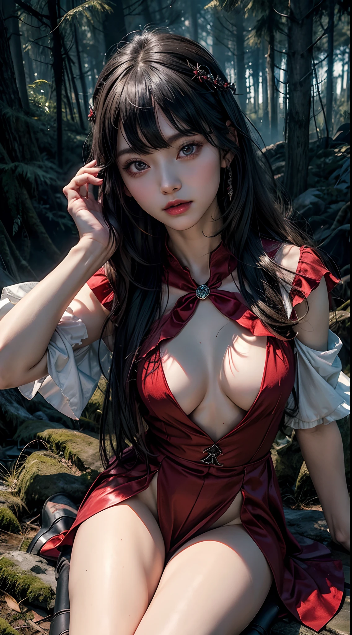 (8K, Raw photography, top-quality, ​masterpiece:1.2),  One Woman、Japan at the age of 18,fullllbody.{scinematic angle、Wide Angle、Don't split the screen、}（Realistic Skins 1.4）、（red riding hood、Hold out an apple）、（（（red hoods、Red dress、Black stockings、high-heels）））、（（（In the dark forest、In a deep eerie forest　、Pitch black night、Deep fog）））（（traces of wiping blood from the mouth,,,,,,,、Red Eyes、Black and long nails））、50mm Lens、30mm film、wide angles、（long、straight haired、）、（A dark-haired、The forehead is hidden by bangs、）、Black eyes、shinny skin、Beautiful delicate face、Beautiful delicate eyes、｛tiny chest、small tits、muscular body、｝、