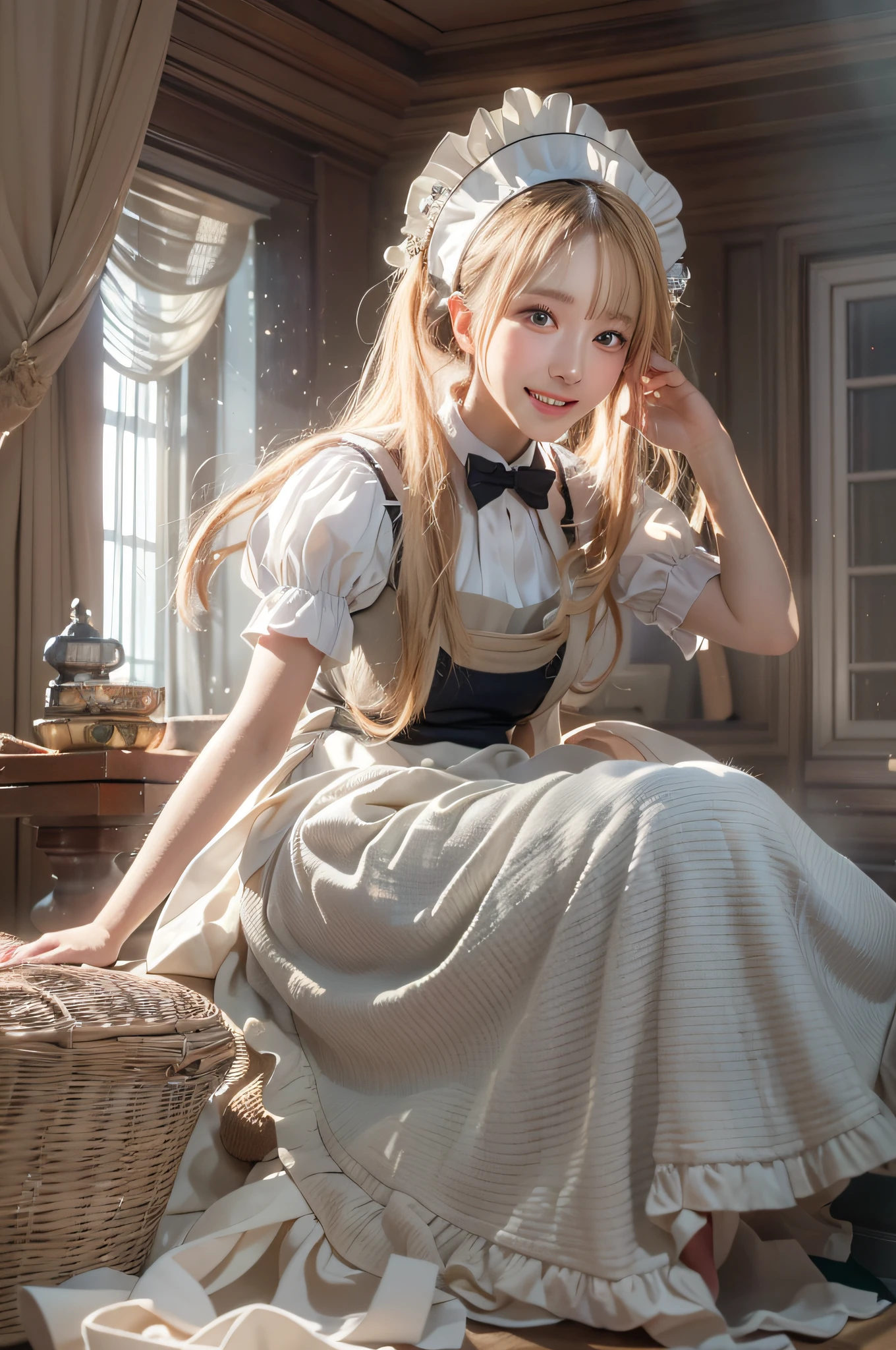 (masterpiece), best quality, ultra high res, close up, sitting, slim body, 1girl, long blonde hair, laughing, photon mapping, radiosity, physically-based rendering, cinematic lighting, intricate, High Detail, Sharp focus, dramatic, photorealistic, (traditional maid)