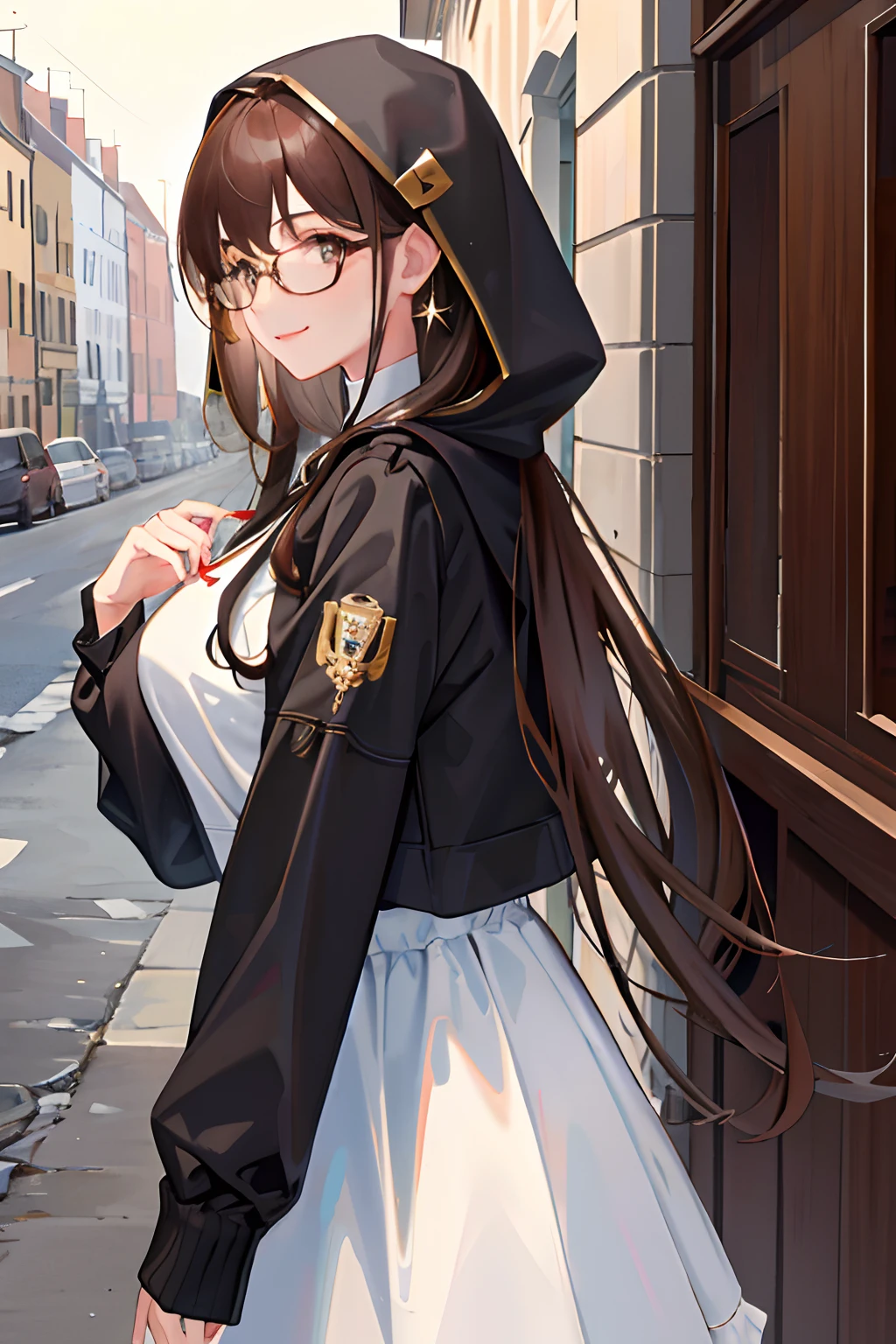 (masterpiece, sidelighting, ultra-detailed, fine detailed beautiful eyes: 1.2), 1girl, bag, building, from side, hood, hood down, hooded jacket, hoodie, jacket, long hair, profile, brown hair , 独奏,caffe interior, The upper part of the body, Masterpiece, best quality,petty eyes, glasses, earing, cute,huge breast, look at viewer, smiling