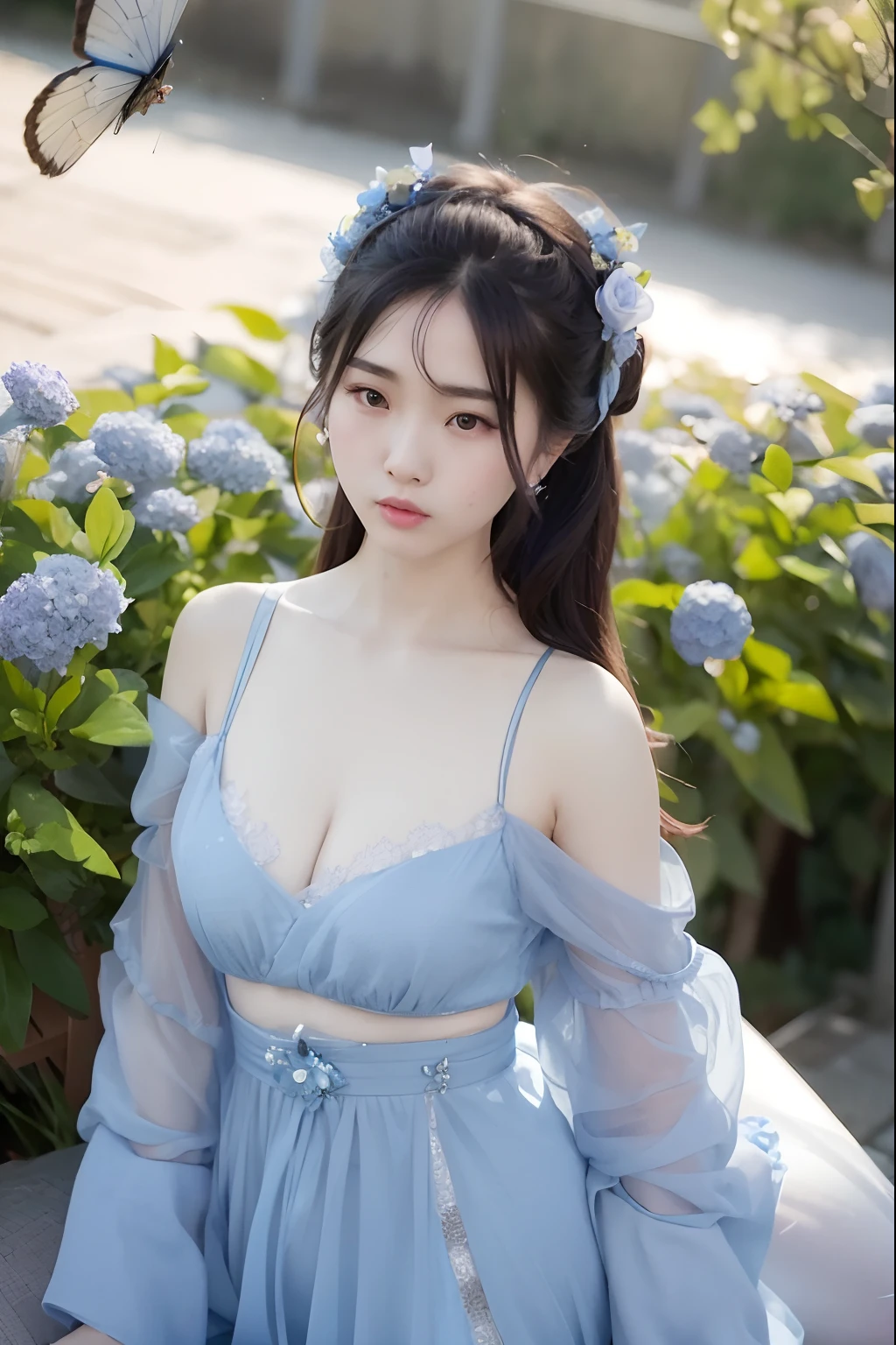 Close-up of a woman in a blue dress sitting on a bench, Ethereal beauty, gorgeous chinese models, Beautiful Asian girl, Chinese girl, Japanese goddess, a stunning young ethereal figure, young and cute girl, Middle metaverse, Very beautiful girl, Anime girl cosplay, Lovely woman, Beautiful goddess, sakimichan, cute elegant pose