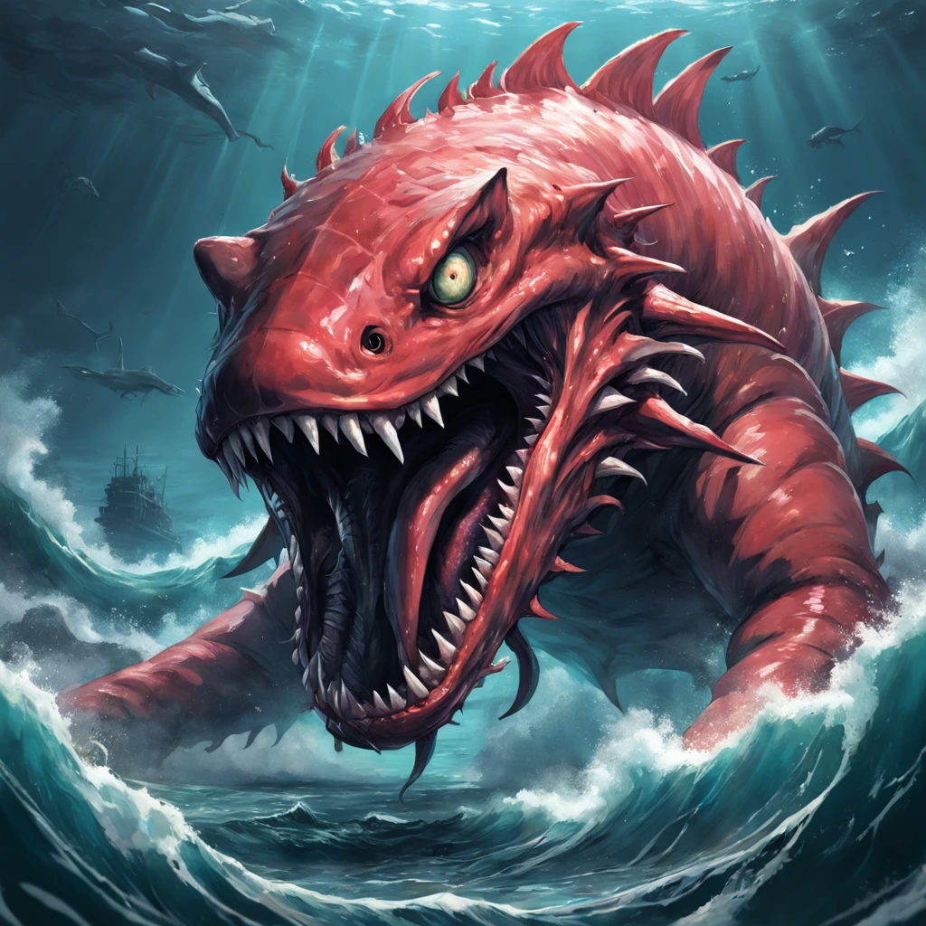 There is a big red monster with sharp teeth in the water, scary sea monster, lovecraftian sea creature, deep sea monster, ocean giant creature bloop, sea monster, underwater sea monster, deep sea creatures, large mouth, detailed hot maw, scary fish, sea enemies, deep sea horror, hyper realistic fantasy monster, hyperrealistic d & D fantasy art