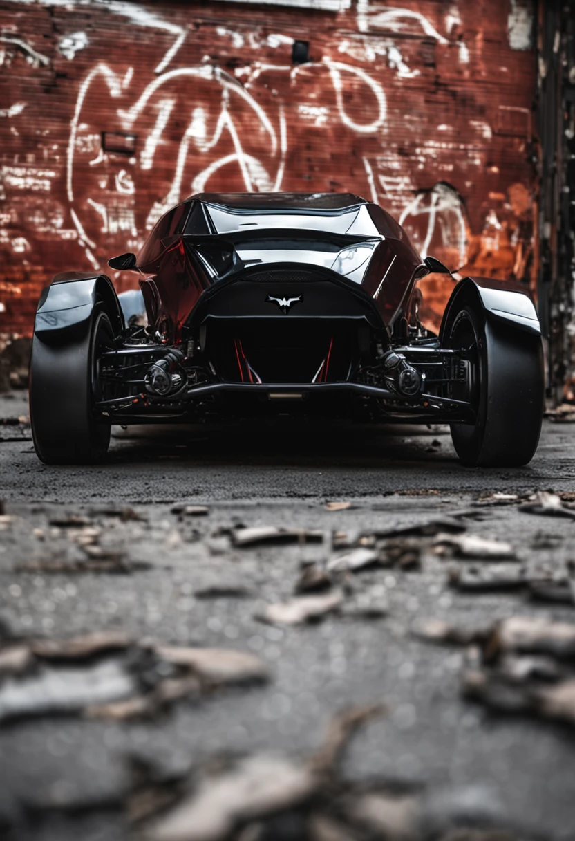 Wide-angle Banksy inspired street-art portrait, (Gotham City Garage) (Tesla Batmobile) The Tesla {{{Batmobile}}}, a marvel of engineering and design, marries the sleek, futuristic aesthetics of Tesla's design ethos with the menacing and intimidating persona of Batman's ride. Decked in a deep, obsidian-black sheen that seems to drink the surrounding light, the car exudes a silent power, as if the mere air around it is charged with raw potential. Its contours and lines are aggressive yet elegant, a predator ready to pounce, standing in stark contrast to the grimy, urban sprawl of the Gotham City garage.