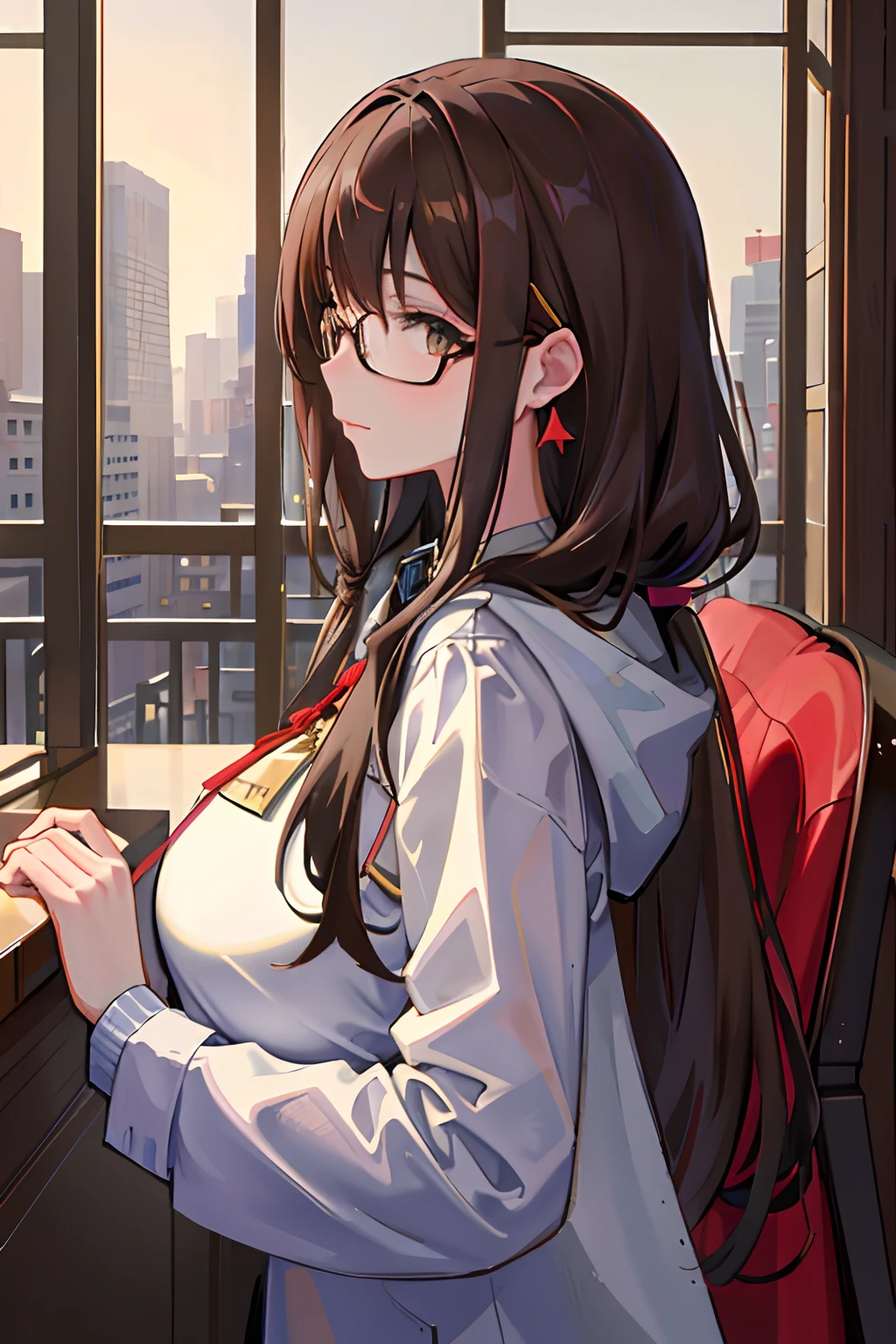 (masterpiece, sidelighting, ultra-detailed, fine detailed beautiful eyes: 1.2), 1girl, bag, building, from side, hood, hood down, hooded jacket, hoodie, jacket, long hair, profile, brown hair , 独奏,caffe interior, The upper part of the body, Masterpiece, best quality，petty eyes, glasses, earing, cute,huge breast,