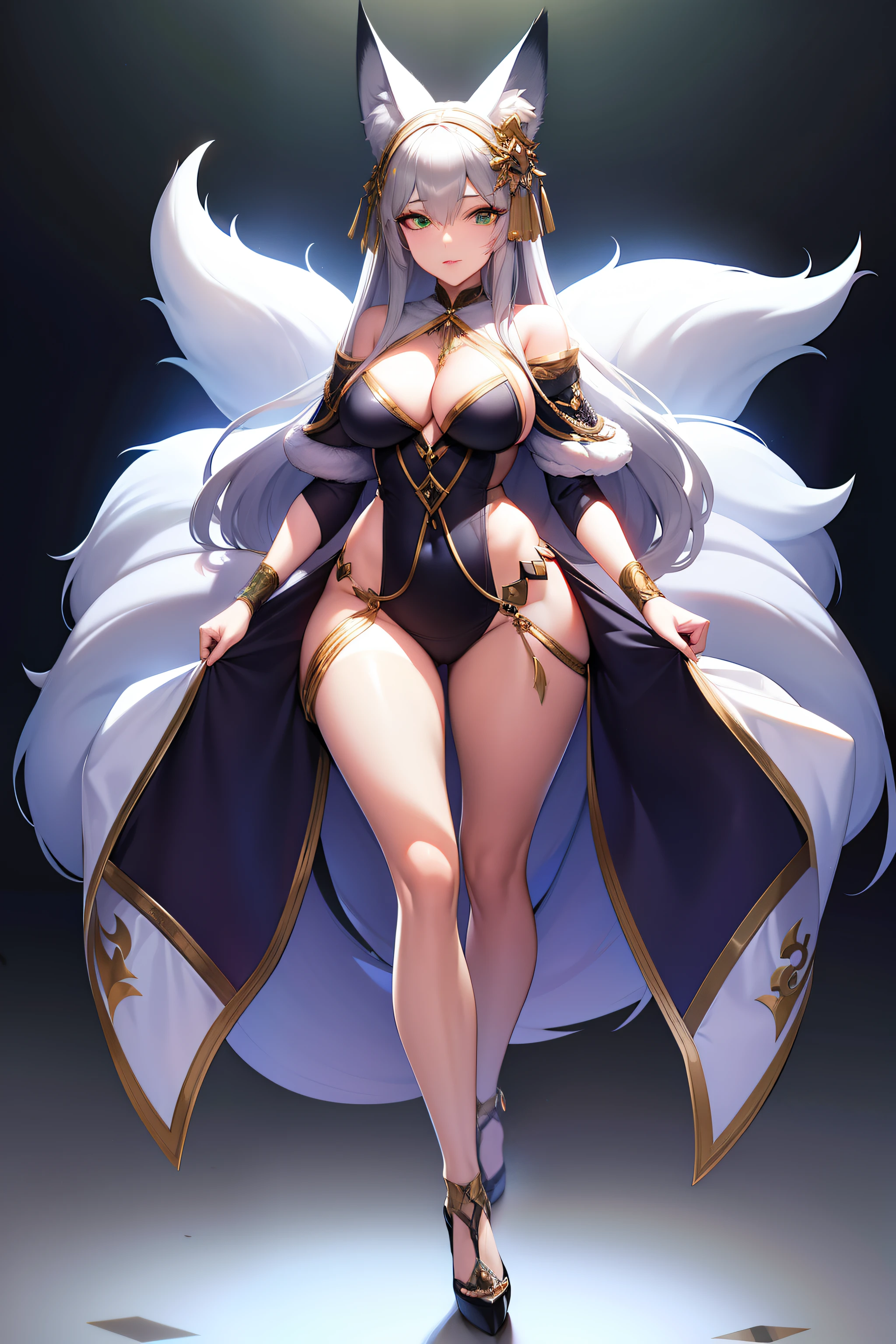 one woman, fox ears, fox tail, silver hair, green eyes, medium breasts, wide hips, full body, hair ornament, mommy, mature lady, well dressed,