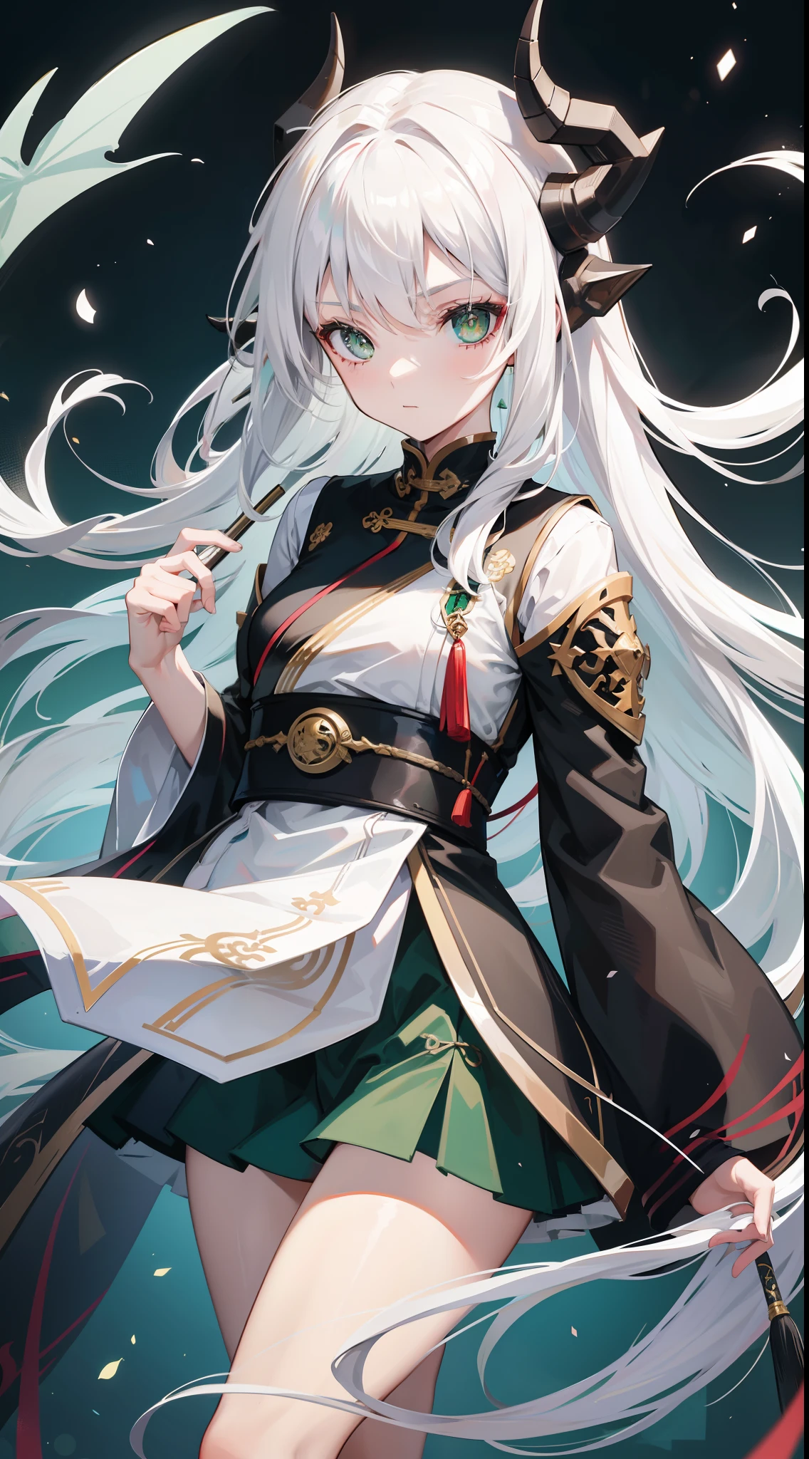 adult girl, Long white hair, Working with the horn, Green eyes, dragon tattoo, A cyborg, Hanfu, Masterpiece, hiquality