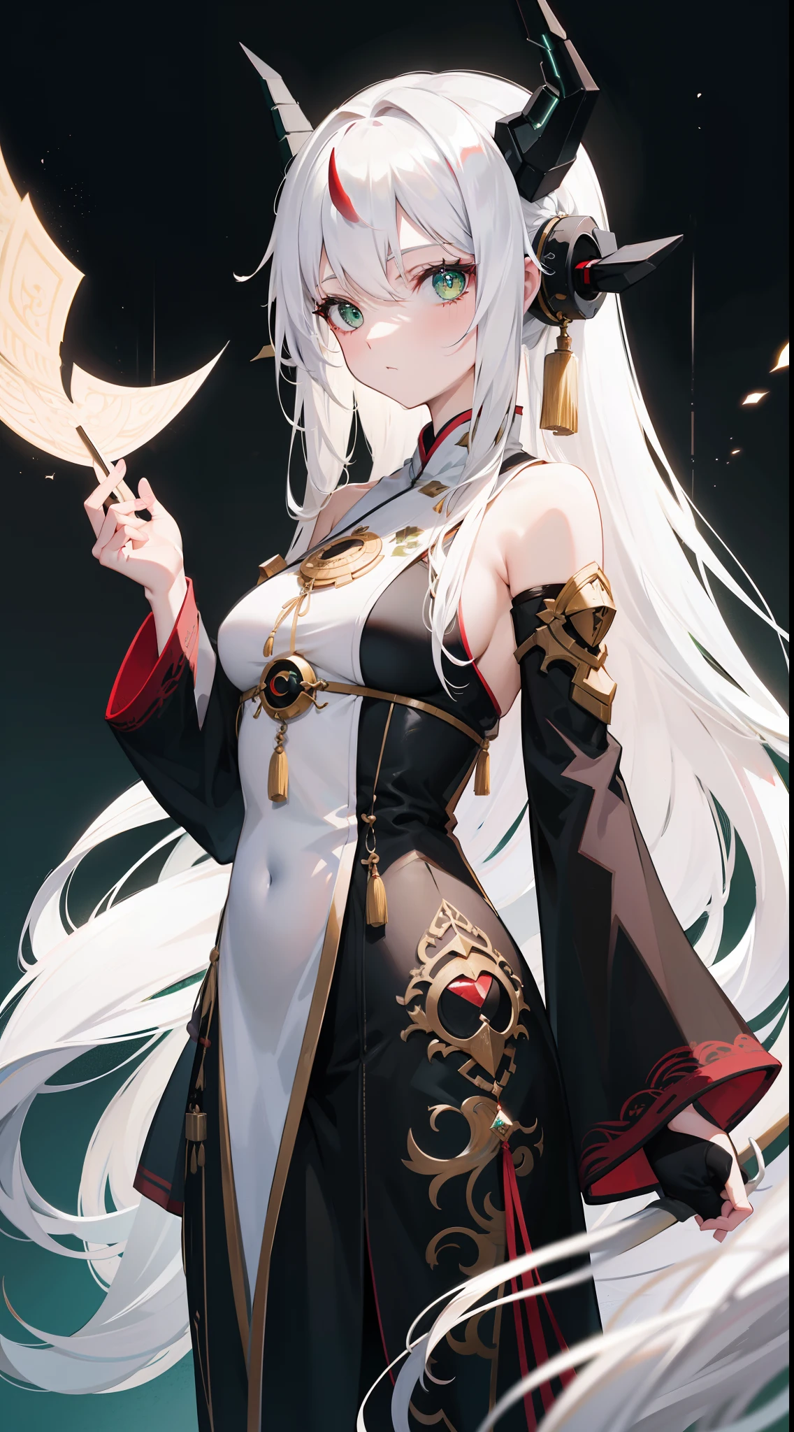 adult girl, Long white hair, Working with the horn, Green eyes, dragon tattoo, A cyborg, Hanfu, Masterpiece, hiquality