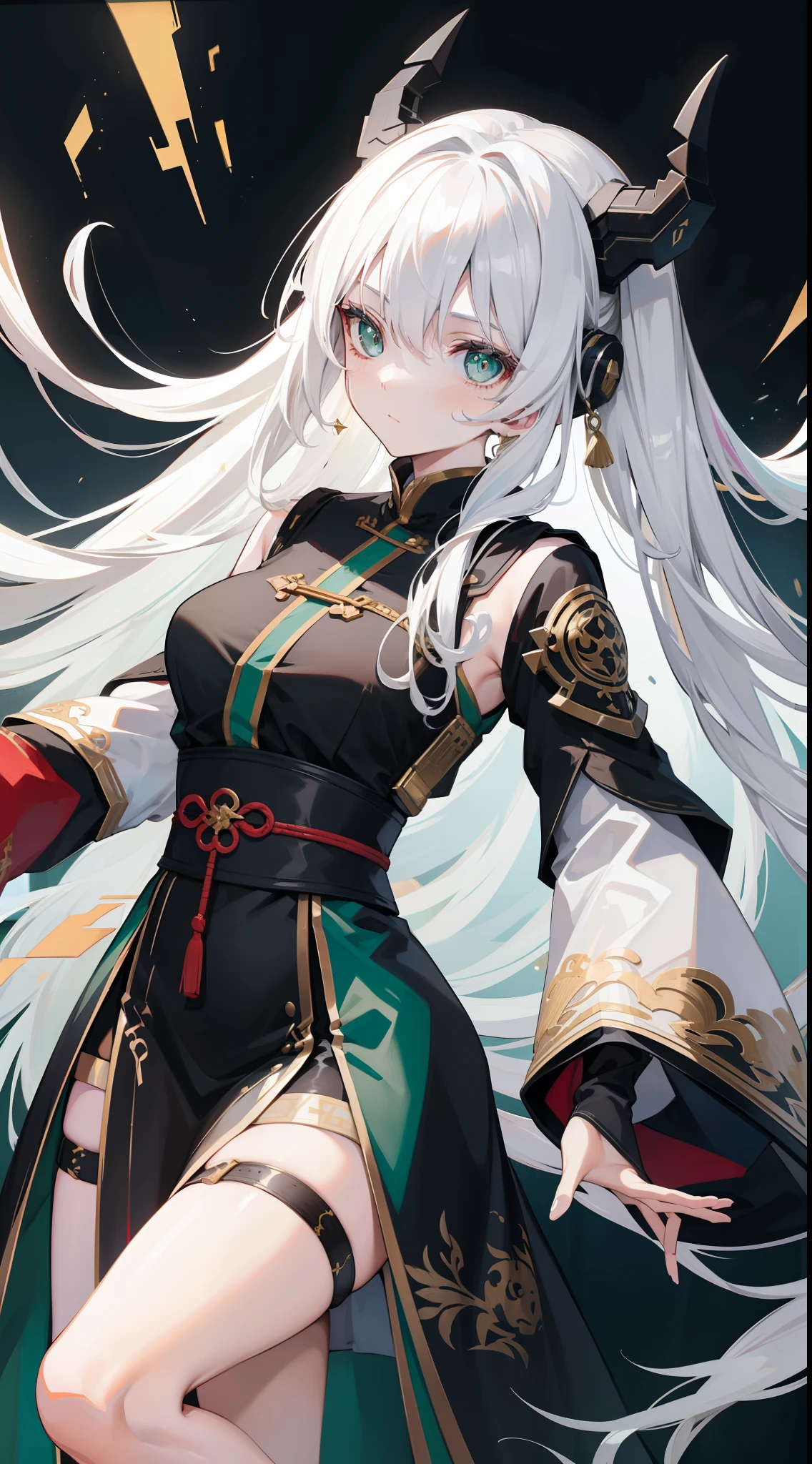 adult girl, Long white hair, Working with the horn, Green eyes, dragon tattoo, A cyborg, Hanfu, Masterpiece, hiquality