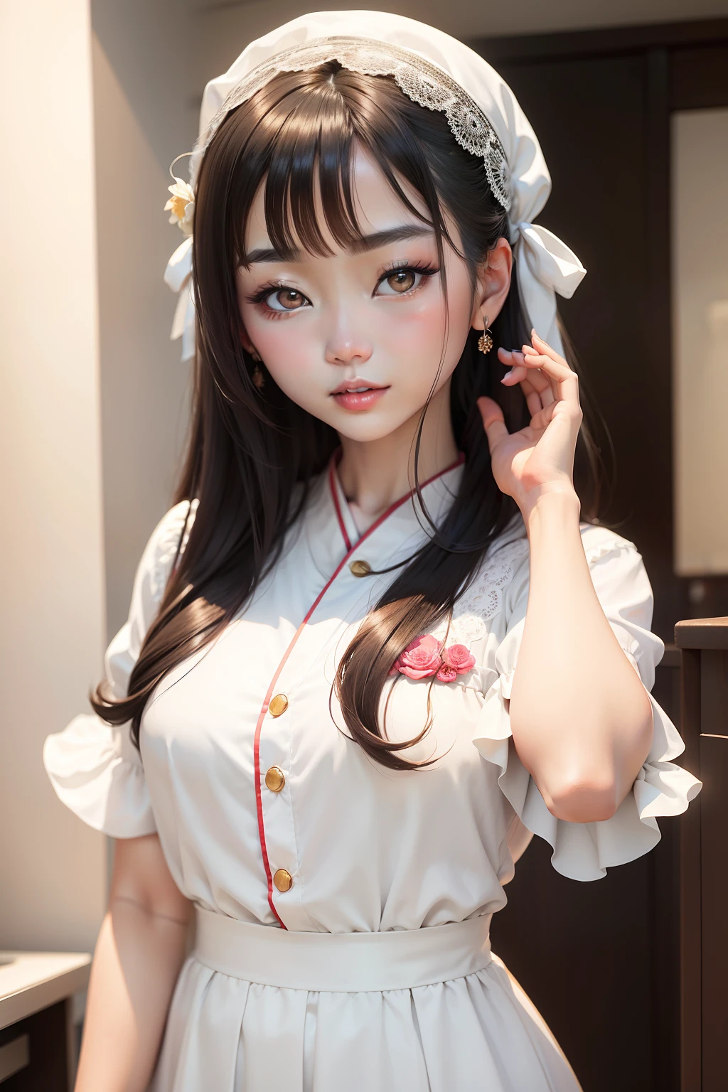 there is a woman that is posing for a picture in a white dress, beautiful Korean women, young cute wan asian face, wan adorable korean face, Beautiful young Korean woman, young lovely Korean faces, Gorgeous young Korean woman, asian beautiful face, popular korean makeup, feminine beautiful face, Korean girl, Korean face features, cute delicate face,
