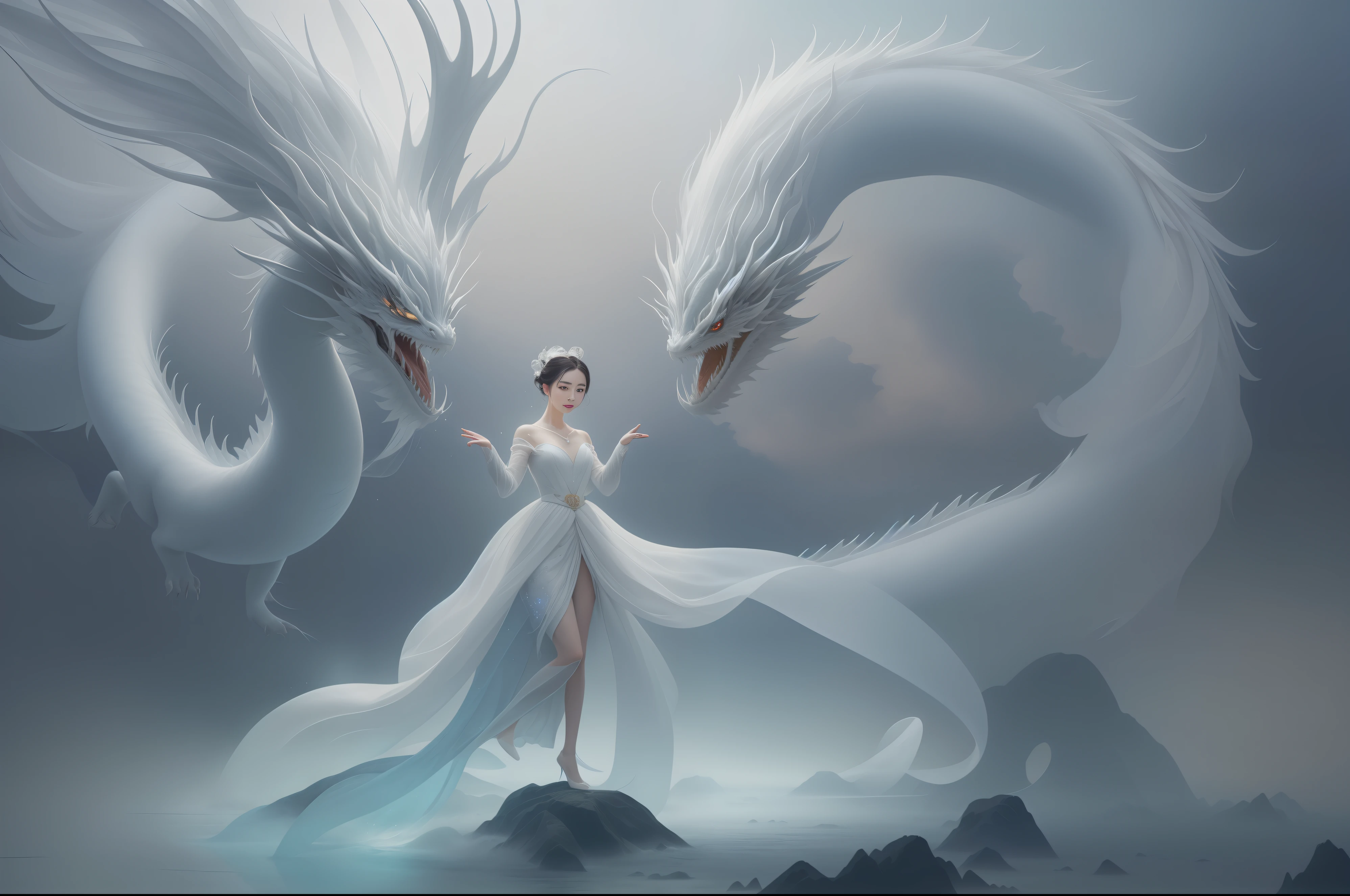 In a captivating image, an elegant woman clad in a white Chinese gown glides through the sky atop a mythical Chinese dragon. As they traverse the heavens, her flowing gown and the dragon's iridescent scales create a mesmerizing vision of harmony and otherworldly beauty.
hdr, (photorealism, masterpiece quality, best quality), , pureerosface_v1,ulzzang-6500-v1.1,