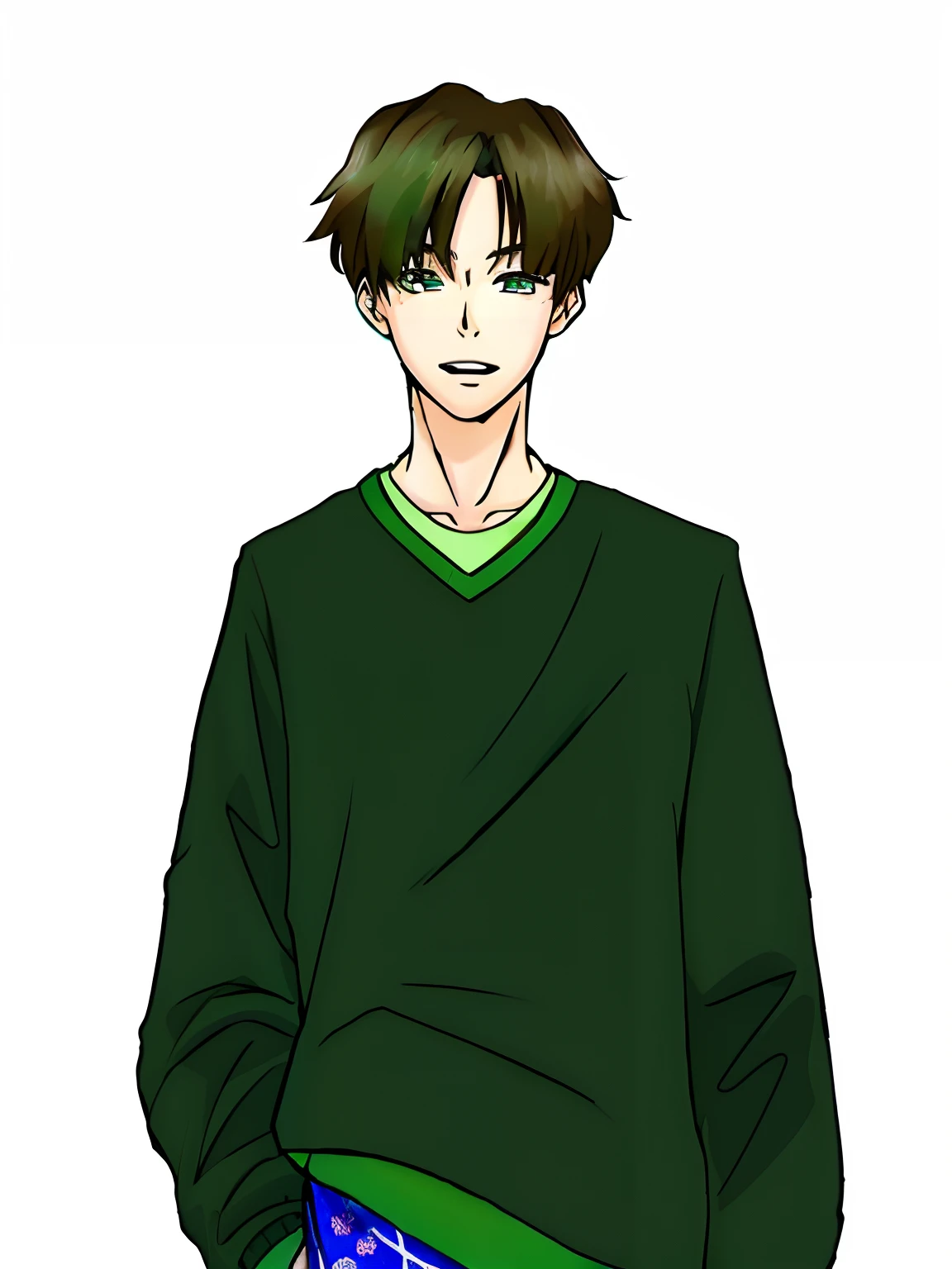 a cartoon boy in a green sweater, green eyes and blue badana skirt, kentaro miura manga style, inspired by Sakai Hōitsu, inspired by Hisui Sugiura, kentaro miura manga art style, manga style of kentaro miura, inspired by Bian Shoumin, koyoharu gotouge, toru furuya, shuushuu anime image