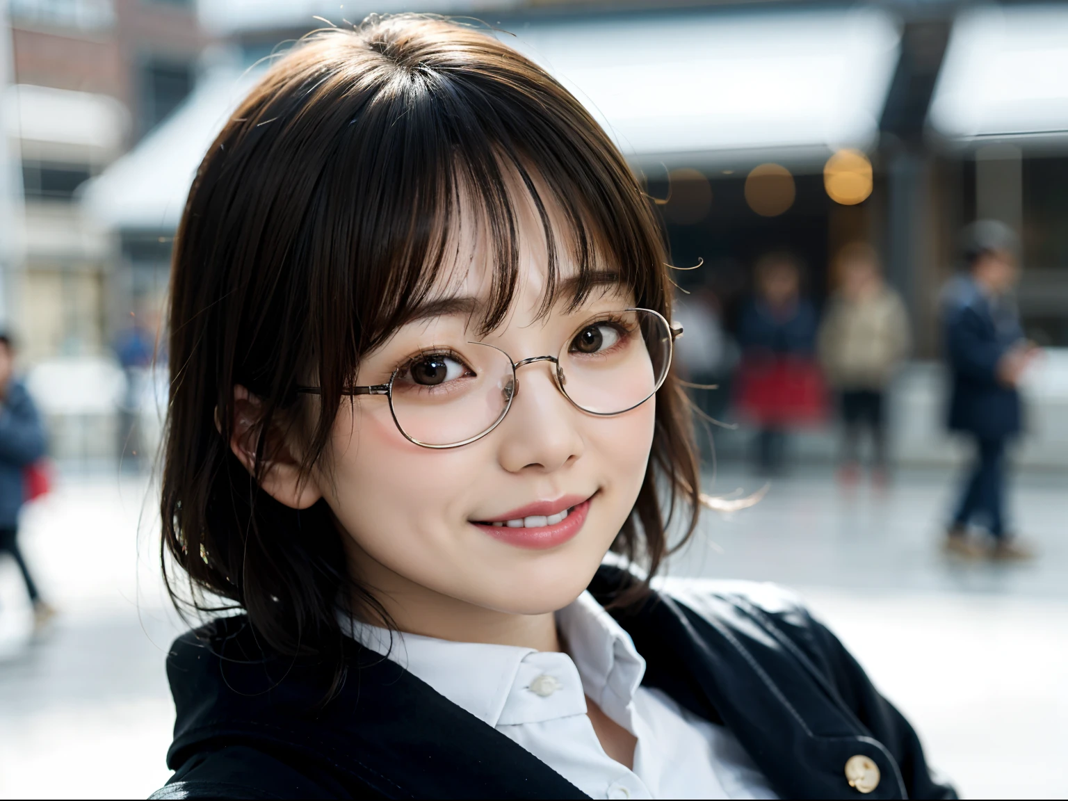 Woman posing in long coat in Japan city in midwinter、top-quality、 1 人、Small chest、tag、with light glowing、blur backgroun、Bokeh、outside of house、(Street:0.8)、Woman with glasses、Glasses with a thin frame、Round lens glasses、Thin golden glasses frame、、Luxury(Short hair、Forehead:1.2)、snowscape、Beautiful sky with details、(dynamicposes:1.2)、 (The upper part of the body:0.5)、Soft lighting、the wind、glowy skin、A smile、Long coat over sweater