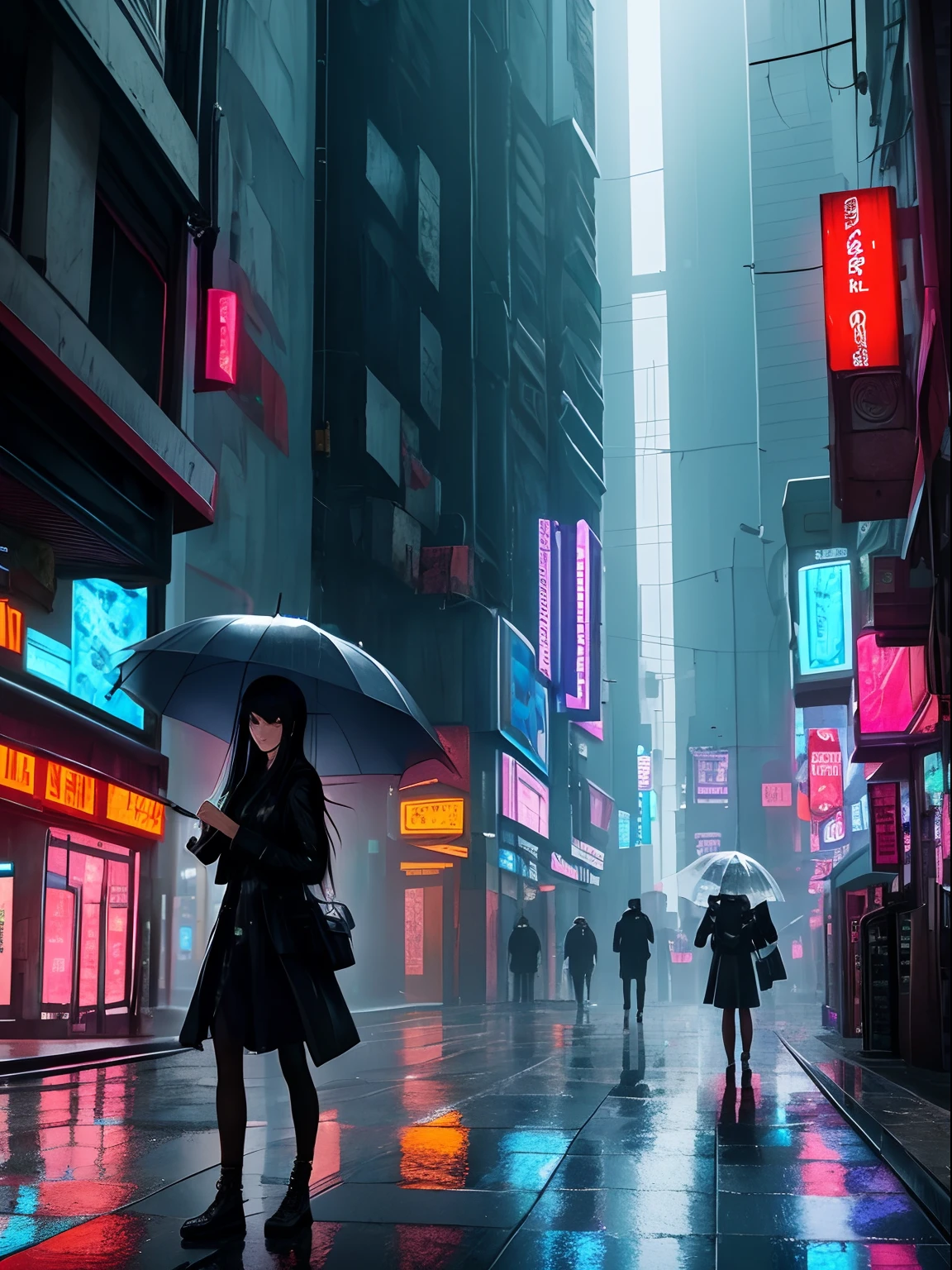 A light rain fell in the cyberpunk city,A girl with long black hair wears headphones and holds a transparent umbrella,He also had a briefcase in his hand,Navigate the streets of cyberpunk,Where it passes,Splashes of water under your feet --auto