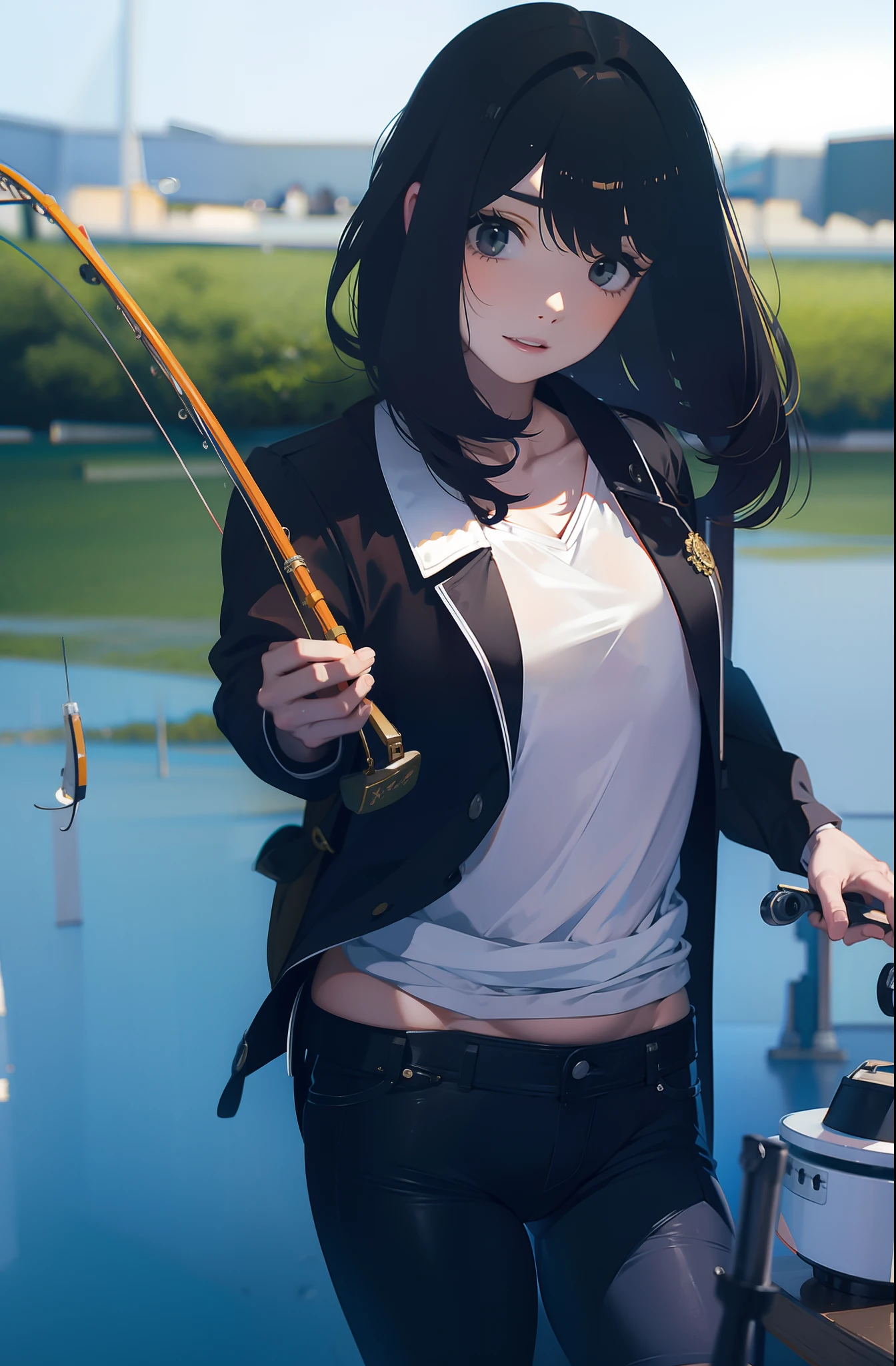 (((have a fishing rod and reel by the lakeside:1.1))),((Best quality, 8k, Masterpiece :1.3))black hair, longeyelashes, solid circle eyes, light smile, drop shadow, atmospheric perspective, 8k, super detail, ccurate, best quality, middle breasts,black jacket, Black Tank Top ,navy blue jeans,
