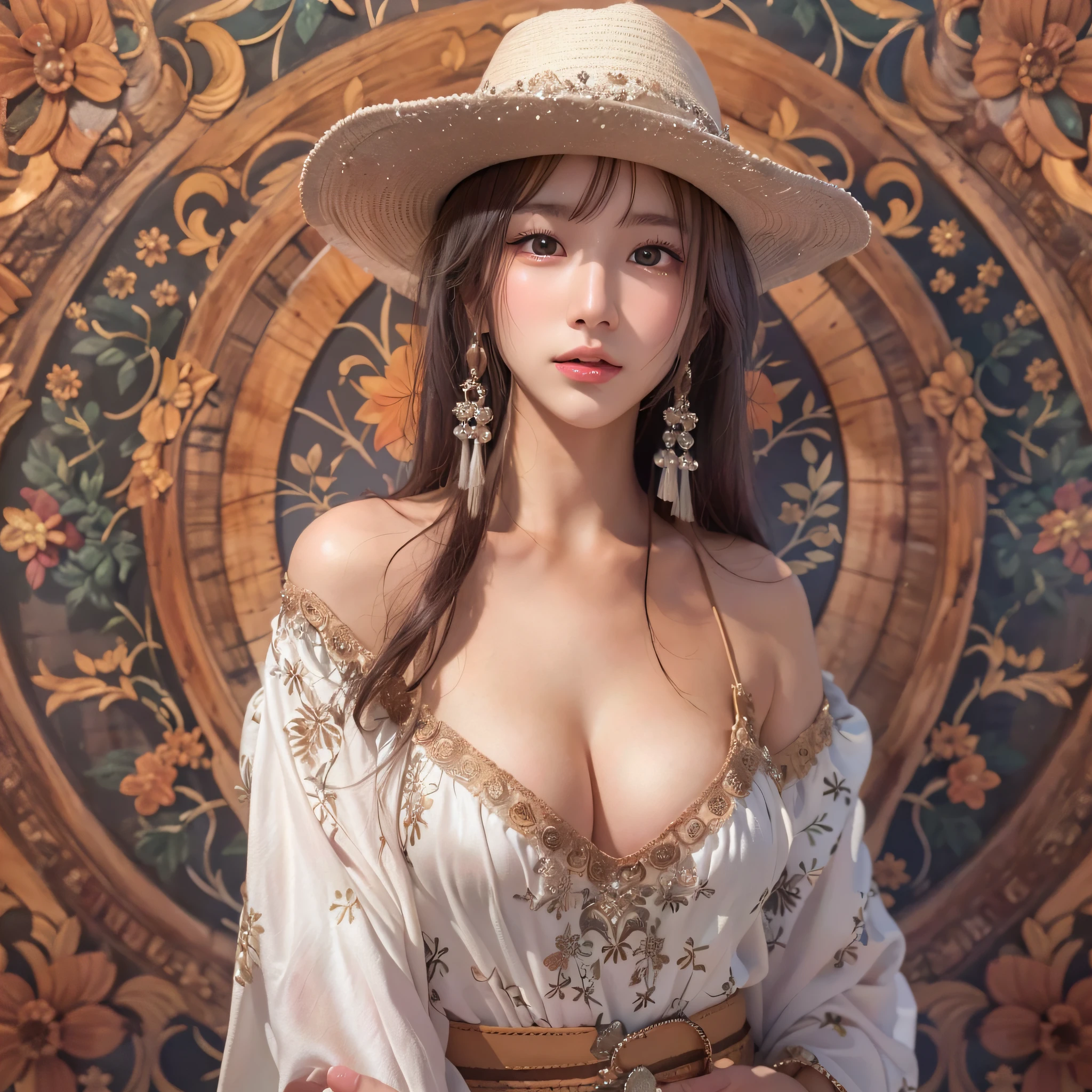(Background, symmetrical, Compositions with coloful geometric arabesque patterns):1.3, (cowboy shot:1.3), (poneyTail, dark brown hair), (top-quality, Photorealsitic:1.3, masterpiece:1.3, RAW Photography:1.2, cinematric light, very detailed illustration), (1woman:1.3, solo), (asian girl, ultra delicate face, ultra Beautiful fece, ultra delicate eyes, ultra detailed nouse, ultra detailed mouth, ultra detailed facial features), (white micro-bikini), (medium breast:1.3), from the front side, (shiny skin), lipgloss, Show cleavage