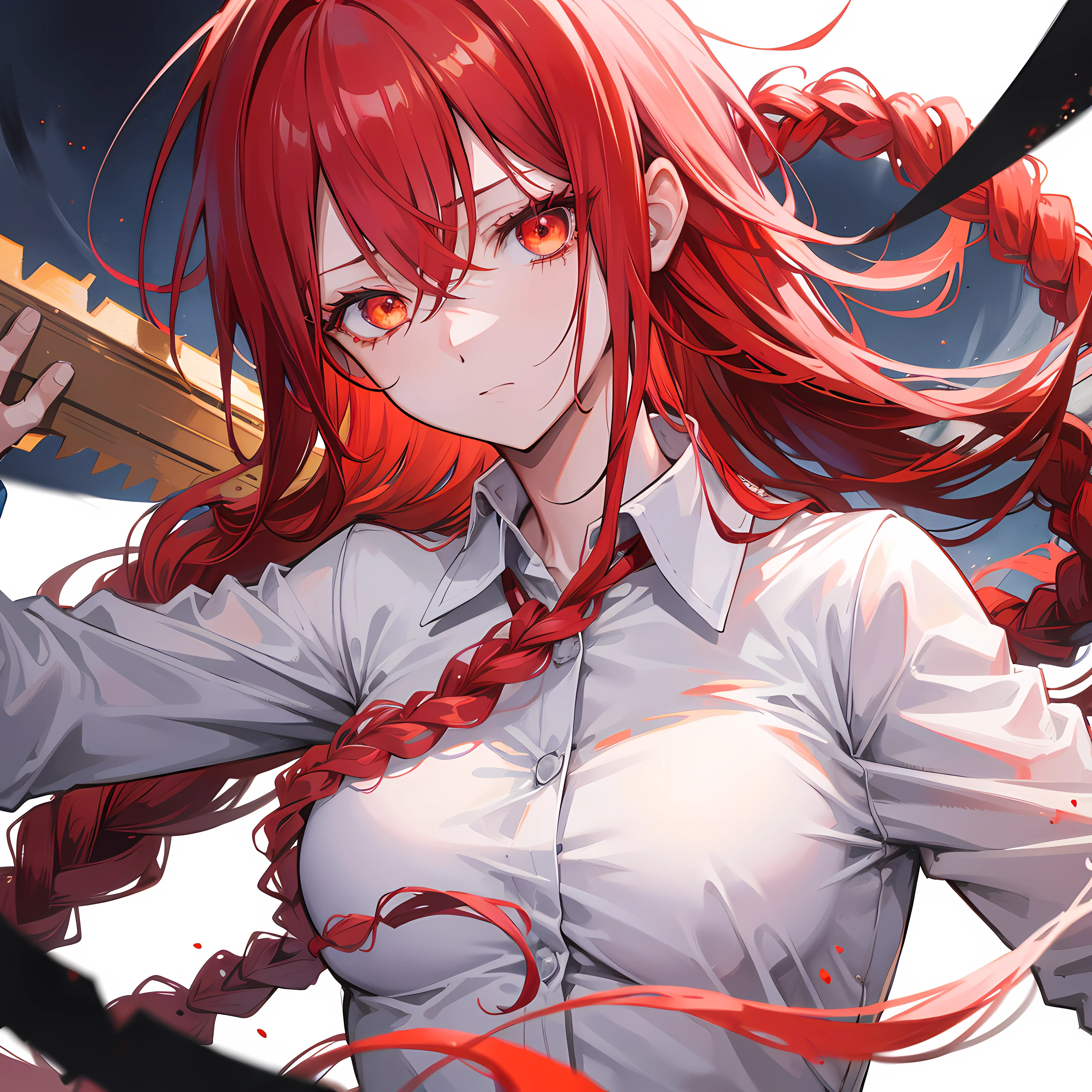 makima \(chainsaw man\), best quality, ultra detailed, 1girl, solo, standing, red hair, long braided hair, golden eyes, bangs, medium breasts, white shirt, necktie, stare, smile, (evil:1.2), looking at viewer, (interview:1.3), (dark background, chains:1.3)