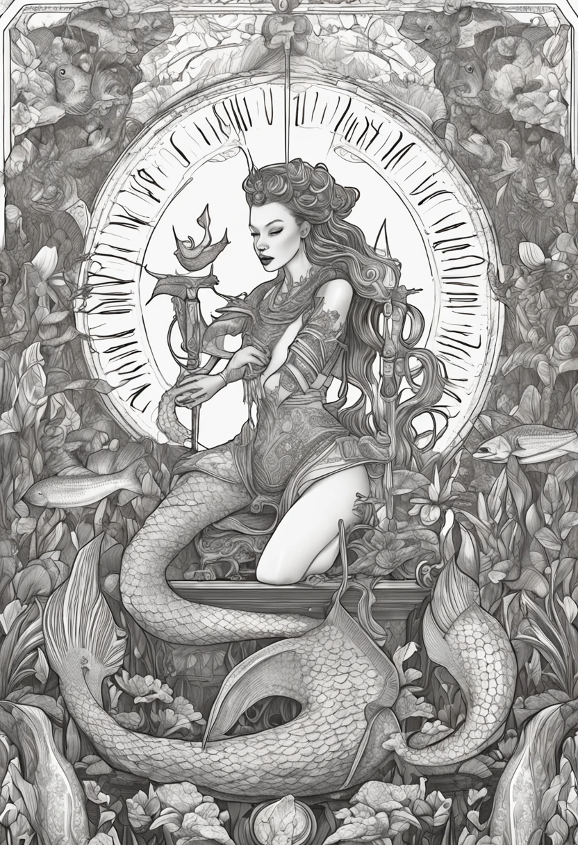 drawing of a mermaid with a harp and a mermaid tail, sitting in her throne underwater, queen of the sea mu yanling, sitting in his throne underwater, goddess of the ocean, real photoshoot queen of oceans, ursula the sea witch, goddess of the sea, sea queen, mermaid cyborg with a laser whip, lamia, serpentine water monster, big breast, blue skin