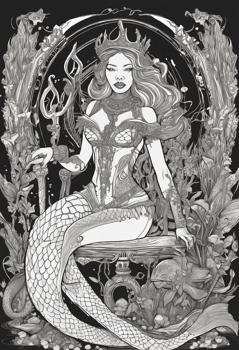 drawing of a mermaid with a harp and a mermaid tail, sitting in her throne underwater, queen of the sea mu yanling, sitting in his throne underwater, goddess of the ocean, real photoshoot queen of oceans, ursula the sea witch, goddess of the sea, sea queen, mermaid cyborg with a laser whip, lamia, serpentine water monster, big breast, blue skin