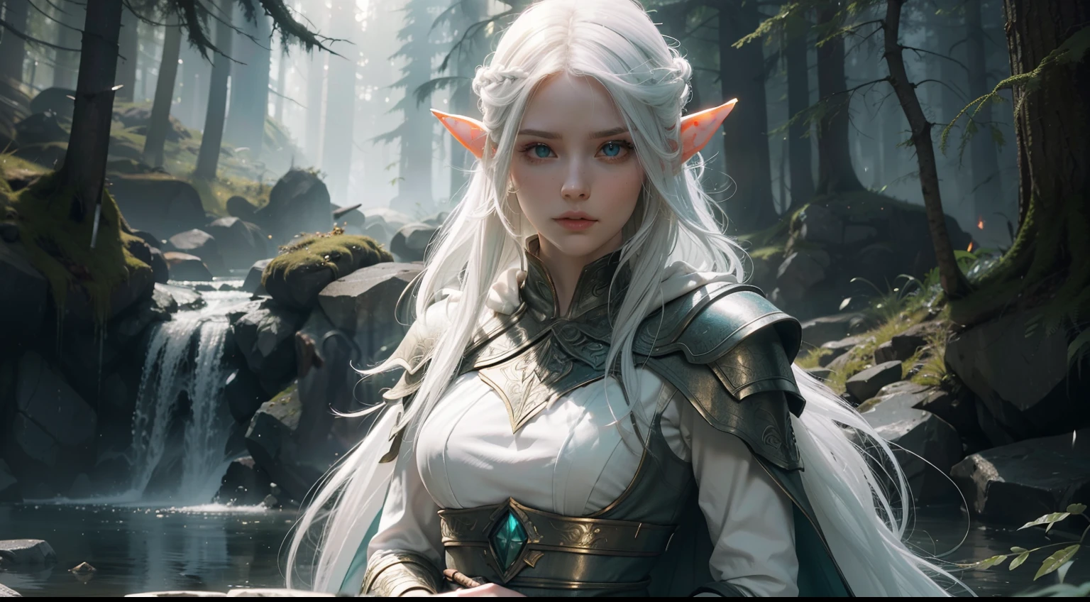 duo: Elven female ( white colored hair, Green eyes )Squatting ( concerned: 1,3 ) , Elven female( white colored hair, Cyan eyes ) Squatting, vibe ( With Skyrim in the background, woods ) ( letho ) ( Firefly: 1,2) ( Wear magic cloaks with a hood ) insane details, beautifully color-graded, Unreal engine, Depth of field, extra high resolution, megapixel, Cinematic Lightning, Smoothing, insanely detailed and intricate , Hyper maximalist, hyper realistic, volumetric, Photorealistic, ultra photorealistic, ultra- detailed, intricate details, 8K, Super detailed , Full color, voluminous lighting, HDR, Realistic, Unreal engine, 16k, sharp-focus, Octane Render, RTX. Incredibly detailed faces, Incredible fingers, Unbelievable eyes, Incredible hair, Incredible hands