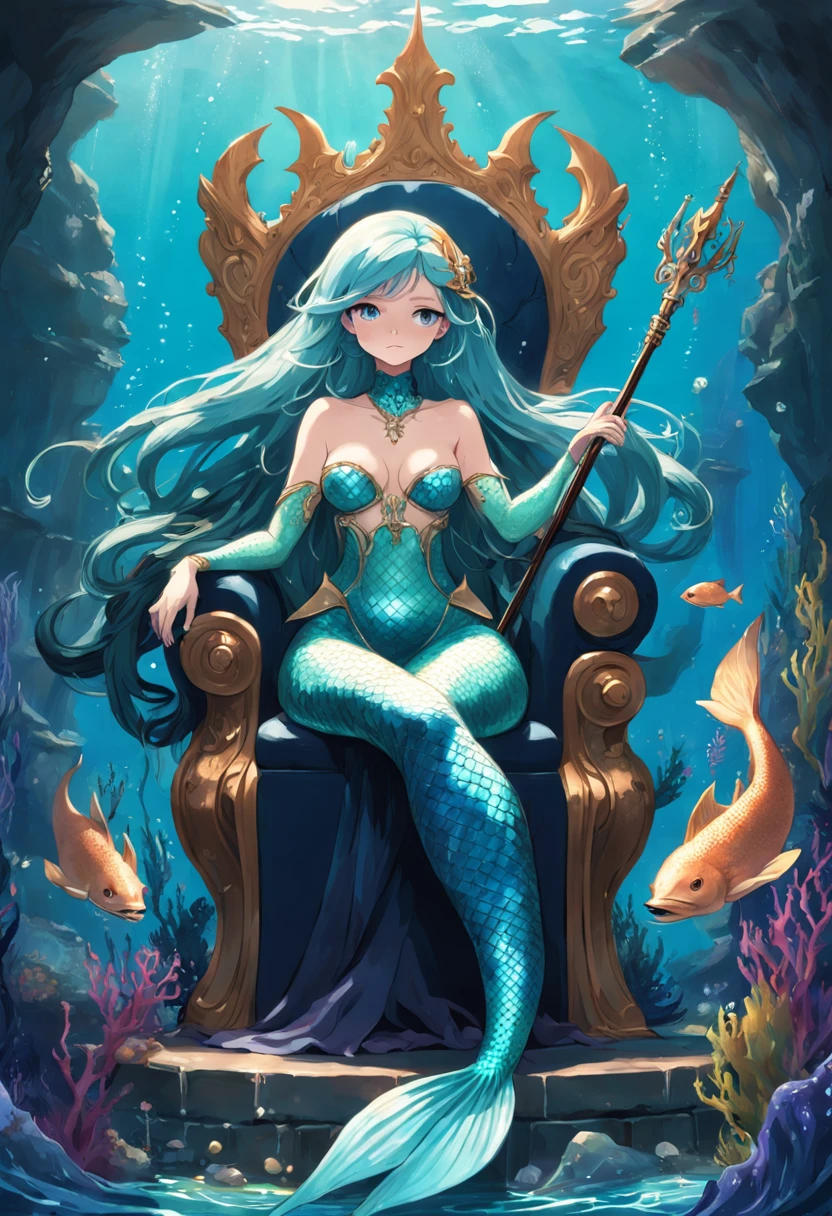 drawing of a mermaid with a harp and a mermaid tail, sitting in her throne underwater, queen of the sea mu yanling, sitting in his throne underwater, goddess of the ocean, real photoshoot queen of oceans, ursula the sea witch, goddess of the sea, sea queen, mermaid cyborg with a laser whip, lamia, serpentine water monster, big breast, blue skin