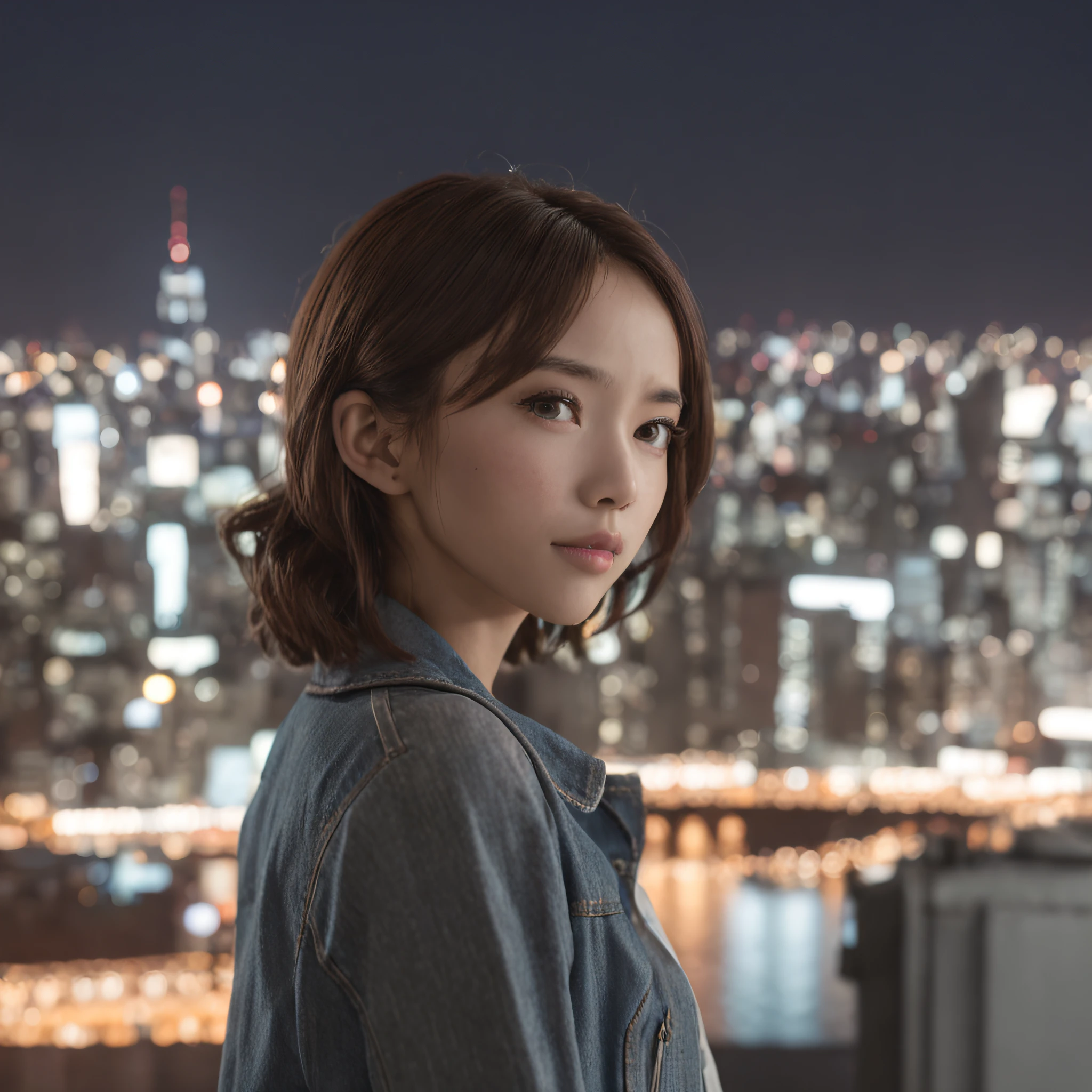 Beautiful woman standing on the roof of a big city building、Hold your hand over your forehead、Hair fluttering in the wind、Navy blue tank top、Night Sky、Realistic photo、Professional photography with attention to detail