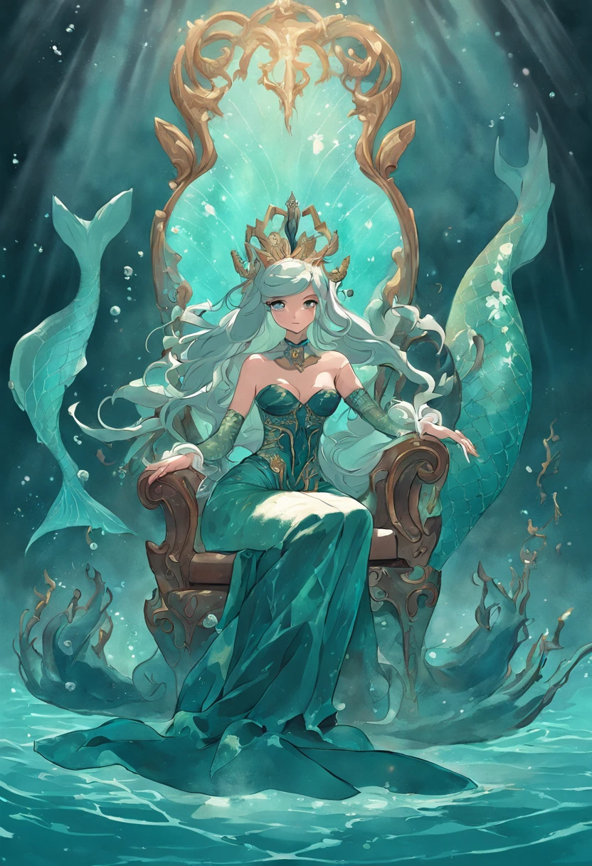 drawing of a mermaid with a harp and a mermaid tail, sitting in her throne underwater, queen of the sea mu yanling, sitting in his throne underwater, goddess of the ocean, real photoshoot queen of oceans, ursula the sea witch, goddess of the sea, sea queen, mermaid cyborg with a laser whip, lamia, serpentine water monster, big breast, blue skin