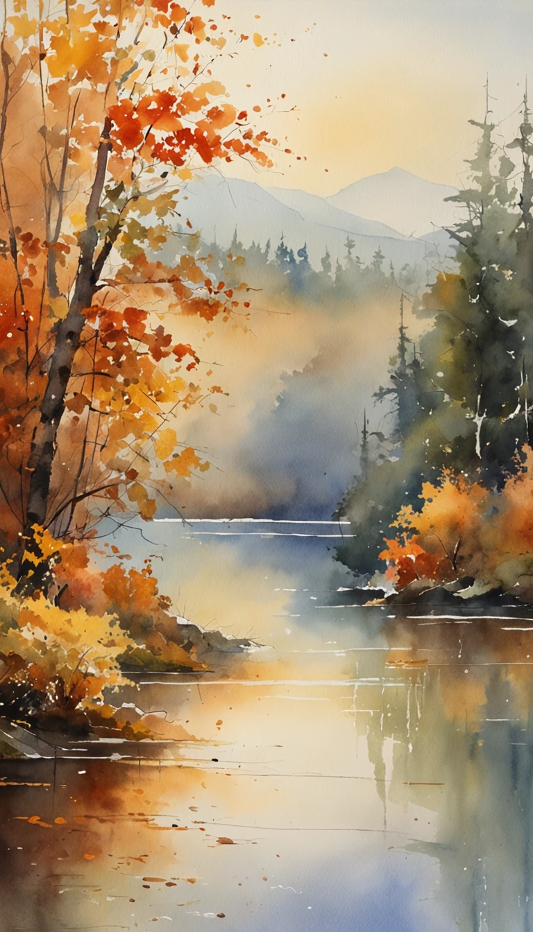 tmasterpiece, top-quality, high detal, Impressionism, Autumn morning, Cruise along the lake in the morning mist, haze, Cinematic light,