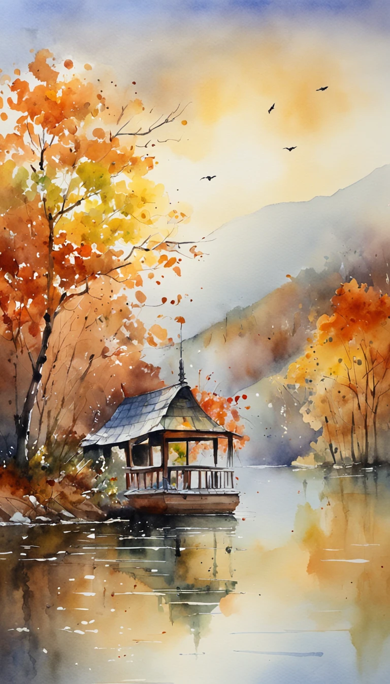 tmasterpiece, top-quality, high detal, Impressionism, Autumn morning, Cruise along the lake in the morning mist, haze, Cinematic light,