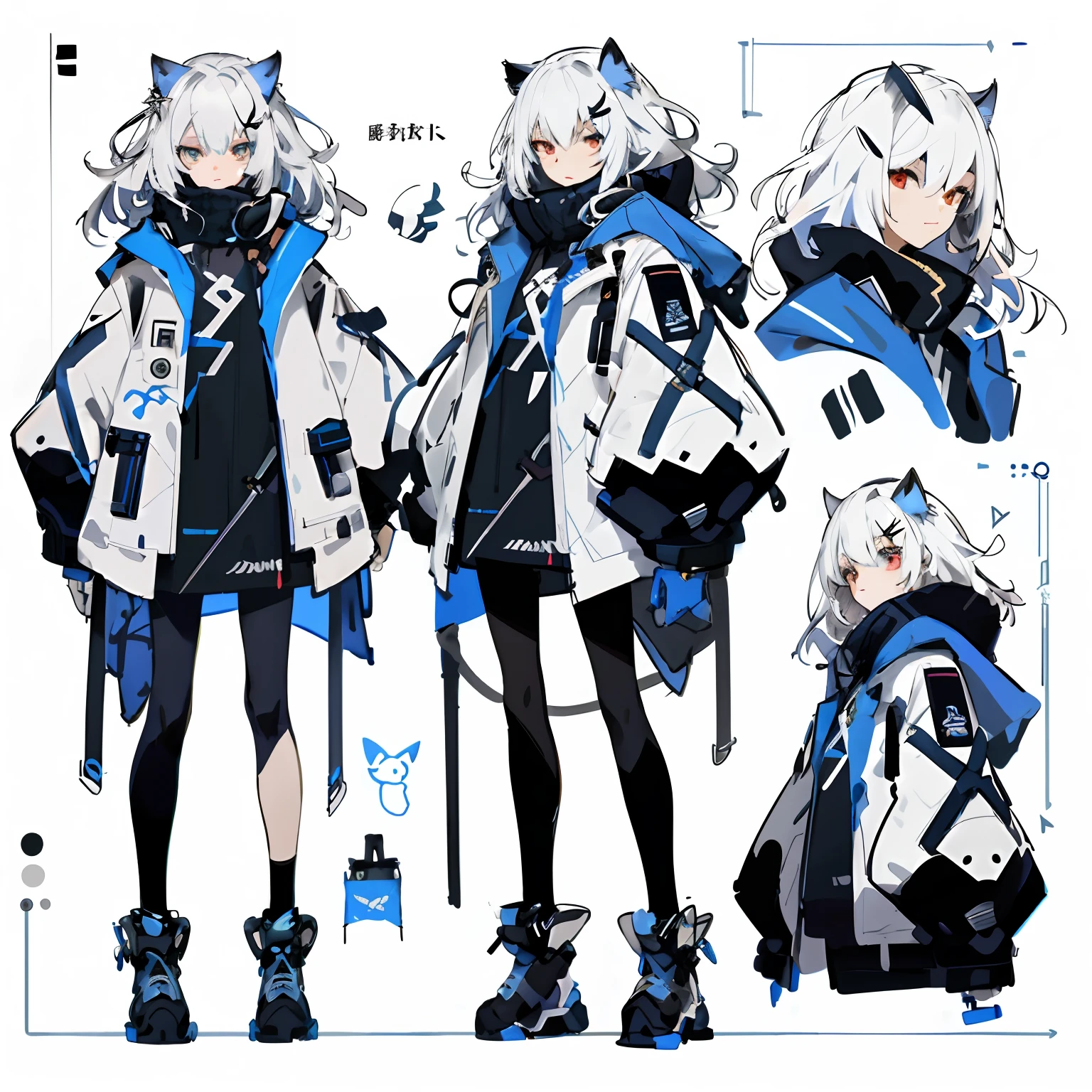 Anime character design of a woman with cat ears and a blue coat, [ Character design ], From the night of the ark, Anime character design, trending on artstation pixiv, pretty anime character design, ( ( concept art of character ) ), interesting character design, high quality character design, Great character design, arknight, character design art, Highly detailed character design, anime character reference sheet