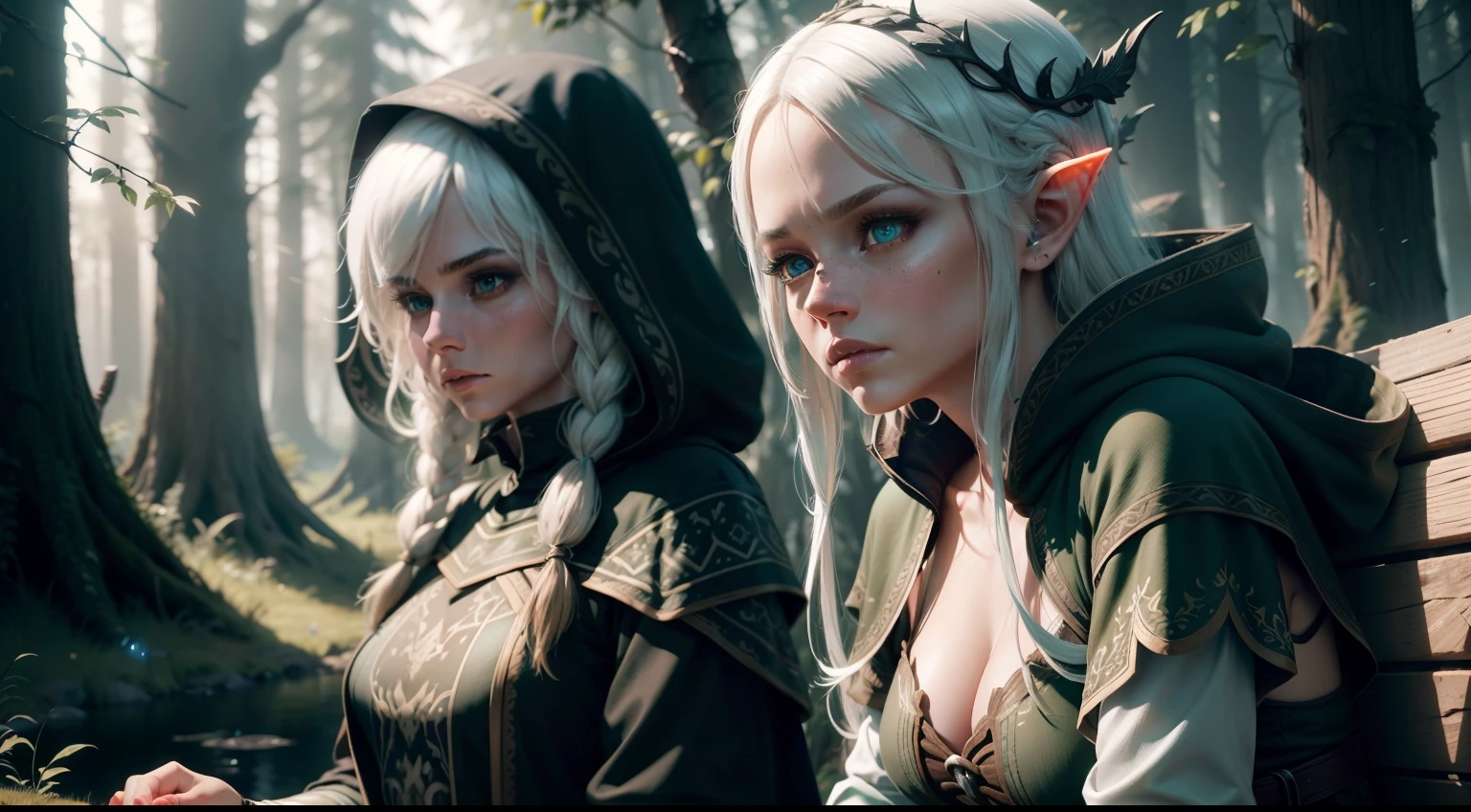 duo: Elven female ( white colored hair, Green eyes )Squatting ( concerned: 1,3 ) , Elven female( white colored hair, Cyan eyes ) Squatting, vibe ( With Skyrim in the background, woods ) ( letho ) ( Firefly: 1,2) ( Wear magic cloaks with a hood ) insane details, beautifully color-graded, Unreal engine, Depth of field, extra high resolution, megapixel, Cinematic Lightning, Smoothing, insanely detailed and intricate , Hyper maximalist, hyper realistic, volumetric, Photorealistic, ultra photorealistic, ultra- detailed, intricate details, 8K, Super detailed , Full color, voluminous lighting, HDR, Realistic, Unreal engine, 16k, sharp-focus, Octane Render, RTX. Incredibly detailed faces, Incredible fingers, Unbelievable eyes, Incredible hair, Incredible hands