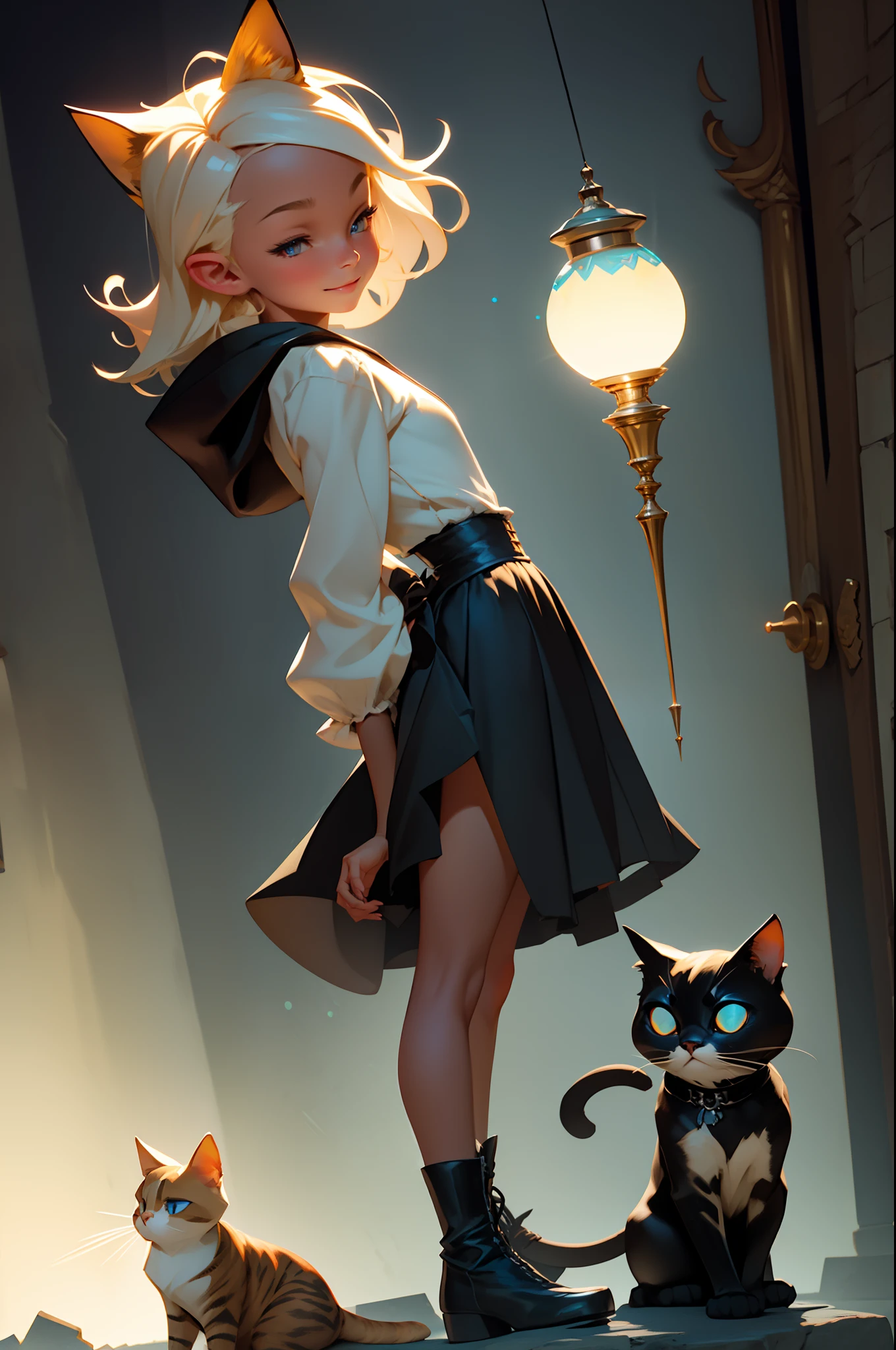 Top image quality、masterpiece、Leyendecker's style、Fantasy 3D、The underground maze of the old castle、Nordic beautiful girl、Eyes closed、Smirking expression、Pretty small face、Light makeup、Two cat ears on the head、Platinum blonde short hair、tiny chest、short waist、Big ass、Sit in a crumbling stone walkway、alchemist、Full body like、She holds a magic wand in her right hand、Control the glowing ball with your left hand、Gothic dress with long sleeves、long skirt、Leather boots、The room at the end of the passage glows blue.、A faceless figure wearing a hood stands、holding lantern、There are many glowing spheres、rubble、thirds rule、Ultra-wide low-angle