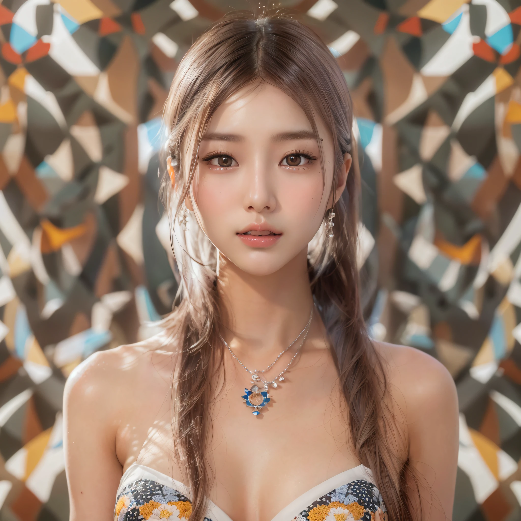 (Background, symmetrical, Compositions with coloful geometric arabesque patterns):1.3, (high shadows detail), (upper body:1.3), (poneyTail, dark brown hair), (top-quality, Photorealsitic:1.3, masterpiece:1.3, RAW Photography:1.2, cinematric light, very detailed illustration), (1woman:1.3, solo), (asian girl, ultra delicate face, ultra Beautiful fece, ultra delicate eyes, ultra detailed nouse, ultra detailed mouth, ultra detailed facial features), (white micro-bikini), (medium breast:1.3), from the front side, (shiny skin), lipgloss, Show cleavage