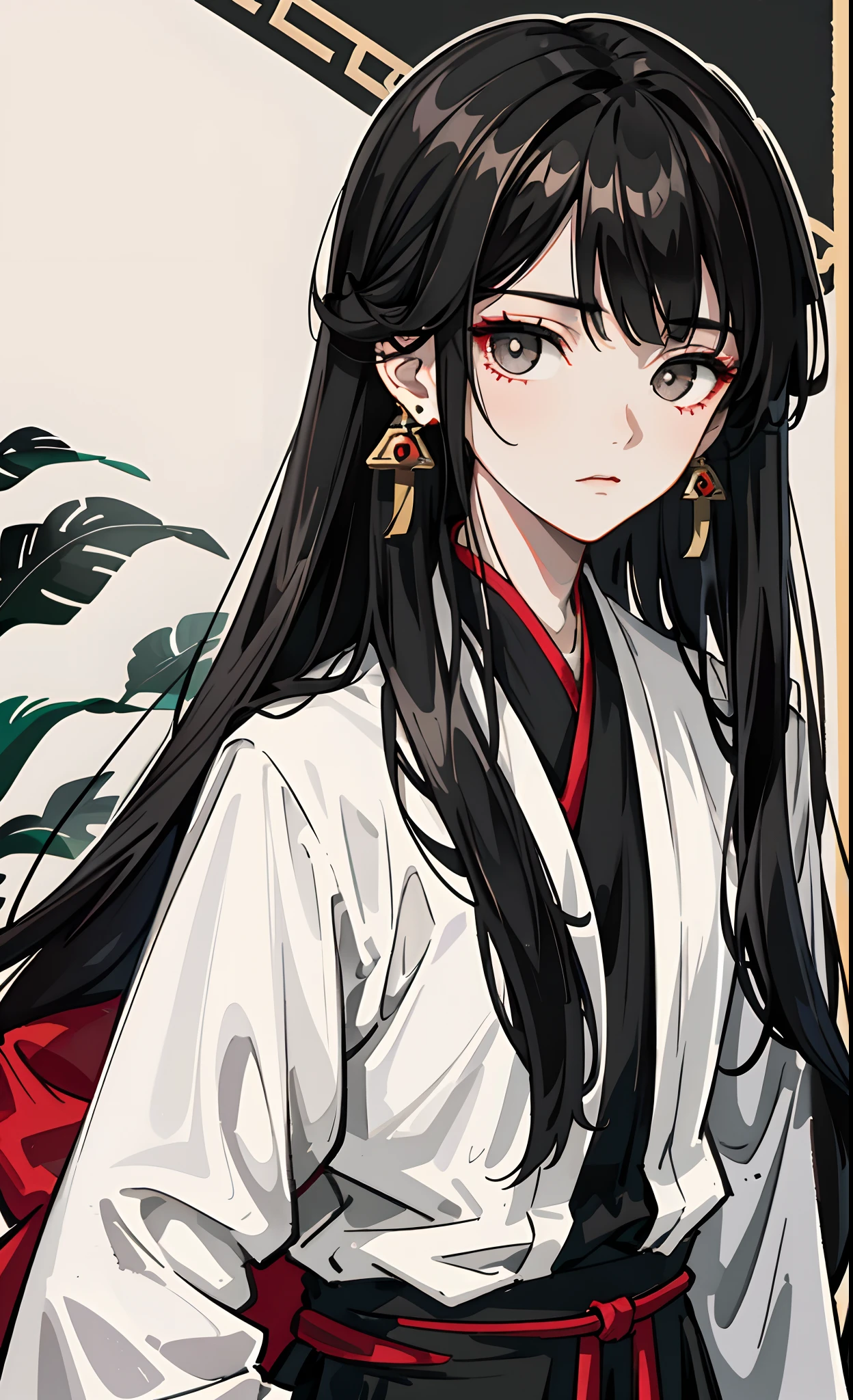 ancient youth,schoolboy,Black colored eyes,Black head with long hair,white hanfu,Red fringed earrings,gentle expressions
