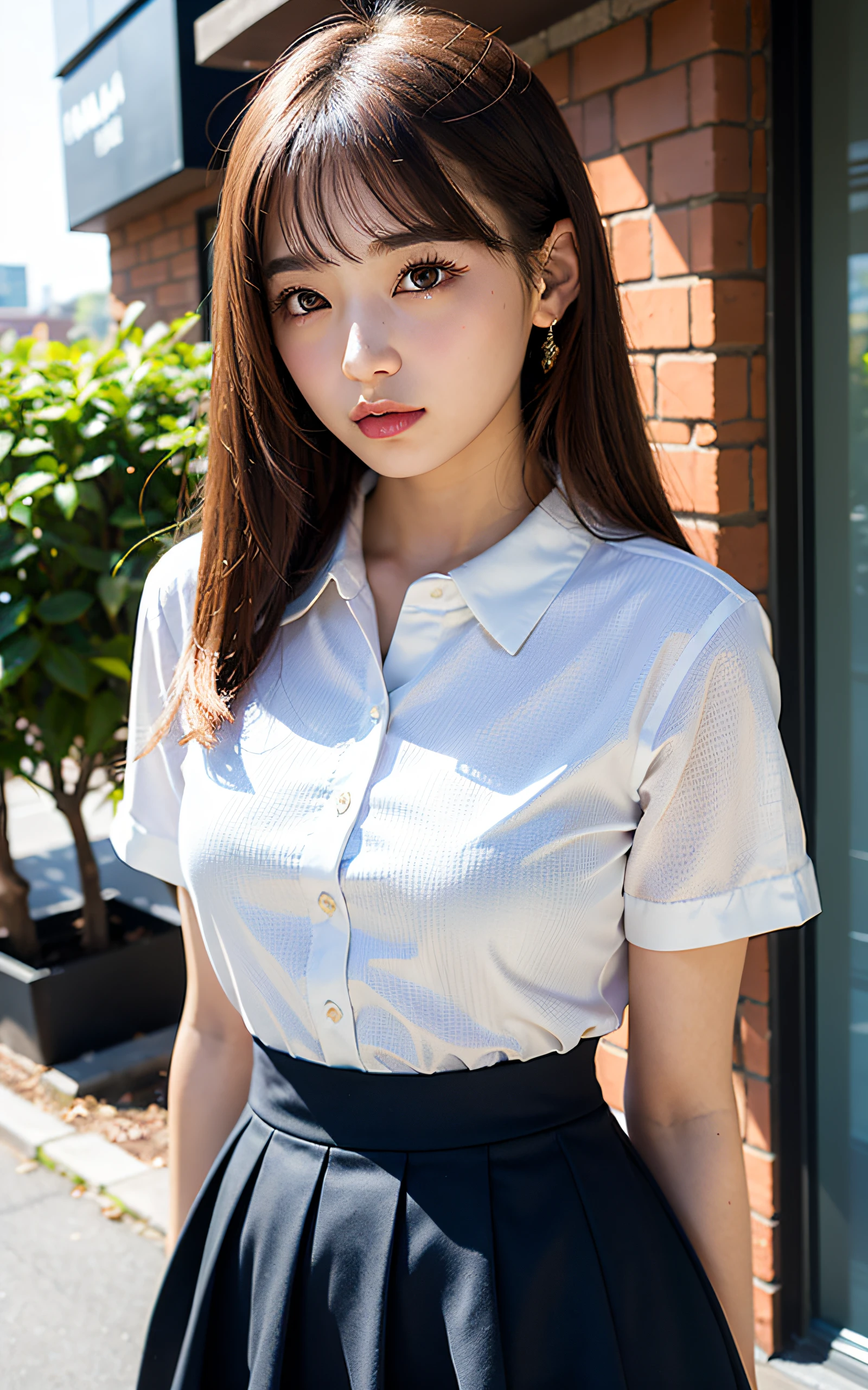 (Photo Real:1.4), (hyper realisitic:1.4), (realisitic:1.3), (Smooth lighting:1.05),  Professional Lighting, 1girl in, Neat and clean beauty, 16 years old. lovely, Cute, Girly, Enduring Sorrow, Silk Color Blouse, Long flared skirt, Warm light, Realistic lighting. Back lighting,  (Improved image quality:1.4).  (Finest Real Textured Skins). finely eye. Small face of thin daughter. mideum breasts. Pointed jaws. close up of face. Korean Idol, Gravure Idol Pose (Bodyline mood improvement:1.1). glowy skin, Nogizaka Idol, new york street