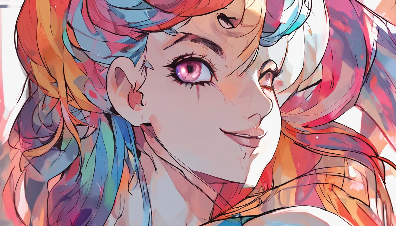 multicolored hair, Colored inner hair, hair on one eye, Halo, blindfolds, devil horns, mismatched sclera, Devil Eyes, Light smile, Shy, Tongue out, Bored, jitome, Seductive smile, Tsundere, Naughty face, Light blush, nose blush, disdain, verbal invitation, surrealism, High detail, Cubist futurism, futurism, Social realism, Contemporary art, Impressionism, suprerralistic, Abstractionism, cubismo, god light
