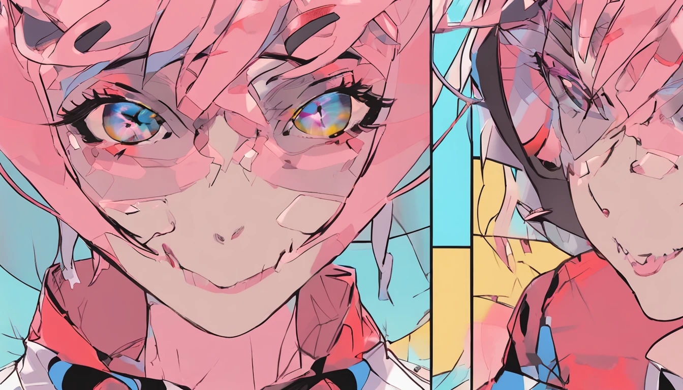 multicolored hair, Colored inner hair, hair on one eye, Halo, blindfolds, devil horns, mismatched sclera, Devil Eyes, Light smile, Shy, Tongue out, Bored, jitome, Seductive smile, Tsundere, Naughty face, Light blush, nose blush, disdain, verbal invitation, surrealism, High detail, Cubist futurism, futurism, Social realism, Contemporary art, Impressionism, suprerralistic, Abstractionism, cubismo, god light