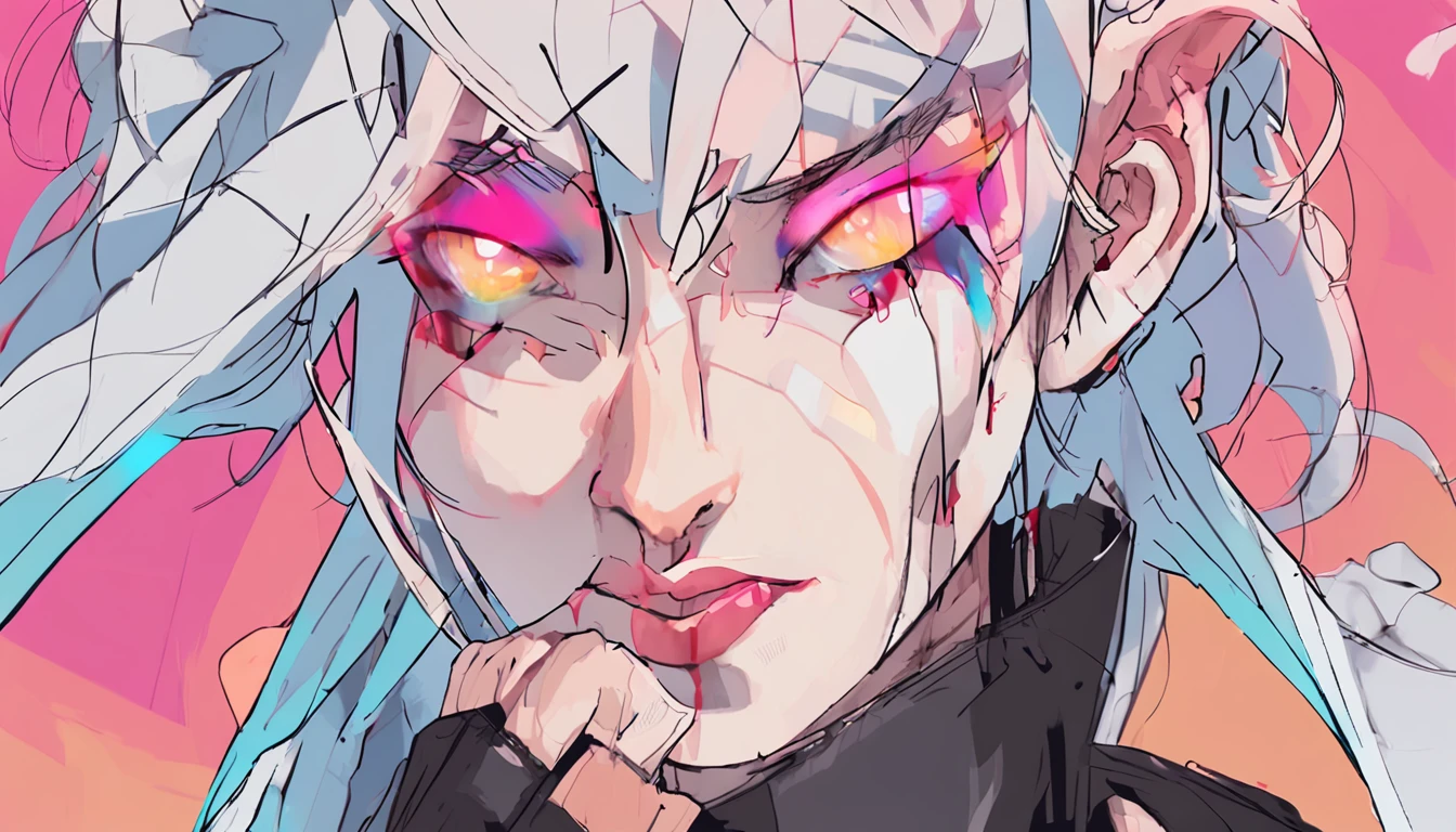 multicolored hair, Colored inner hair, hair on one eye, Halo, blindfolds, devil horns, mismatched sclera, Devil Eyes, Light smile, Shy, Tongue out, Bored, jitome, Seductive smile, Tsundere, Naughty face, Light blush, nose blush, disdain, verbal invitation, surrealism, High detail, Cubist futurism, futurism, Social realism, Contemporary art, Impressionism, suprerralistic, Abstractionism, cubismo, god light