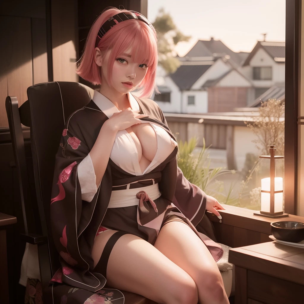 Sakura uchiha. A woman sitting in ruftop at night in the country. He was seen sitting in a chair. He wore a red kimono with white stripes. With the colored gold girdle over her shirt revealing her big, round breasts. The open underside also showed her smooth, white thighs. She had short pink hair that wasn't covered in knots. Her skin was so pale white her cheeks were blushing red and her tiny red lips were tantous. He seemed to glance at the camera. Looking so hot and realistic