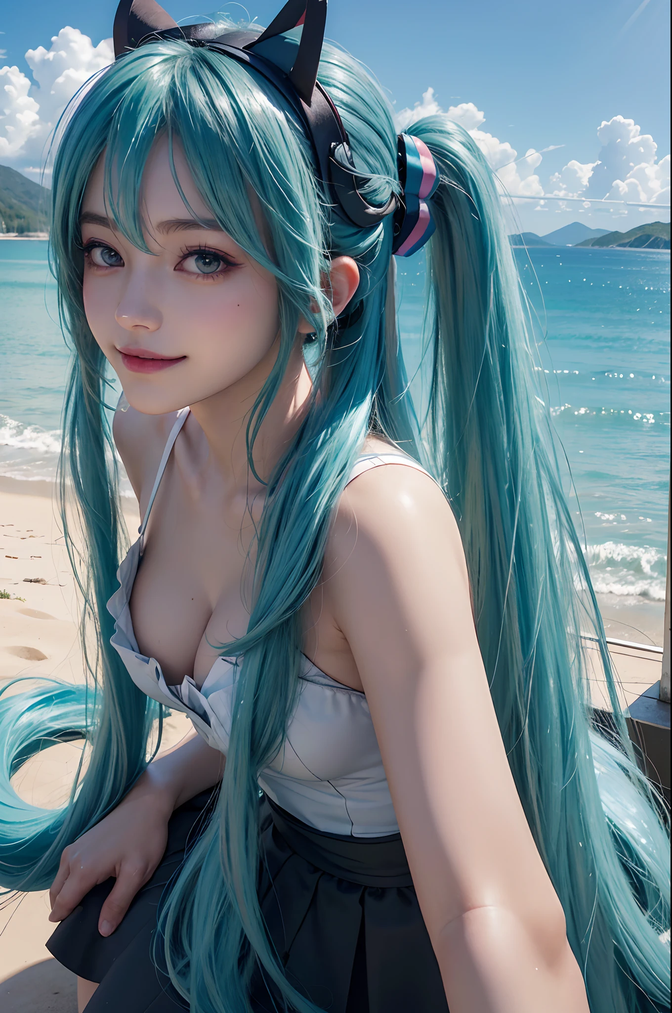 (Hatsune Miku character), Tosca hair color, Long two-tailed hair with ponies, Looking at the view, Eyes on the landscape, Smile  girl, Perfect body, Perfect anatomy, Tosca eye color, Double eyelids, Huge breasts, cleavage，Close-up shot