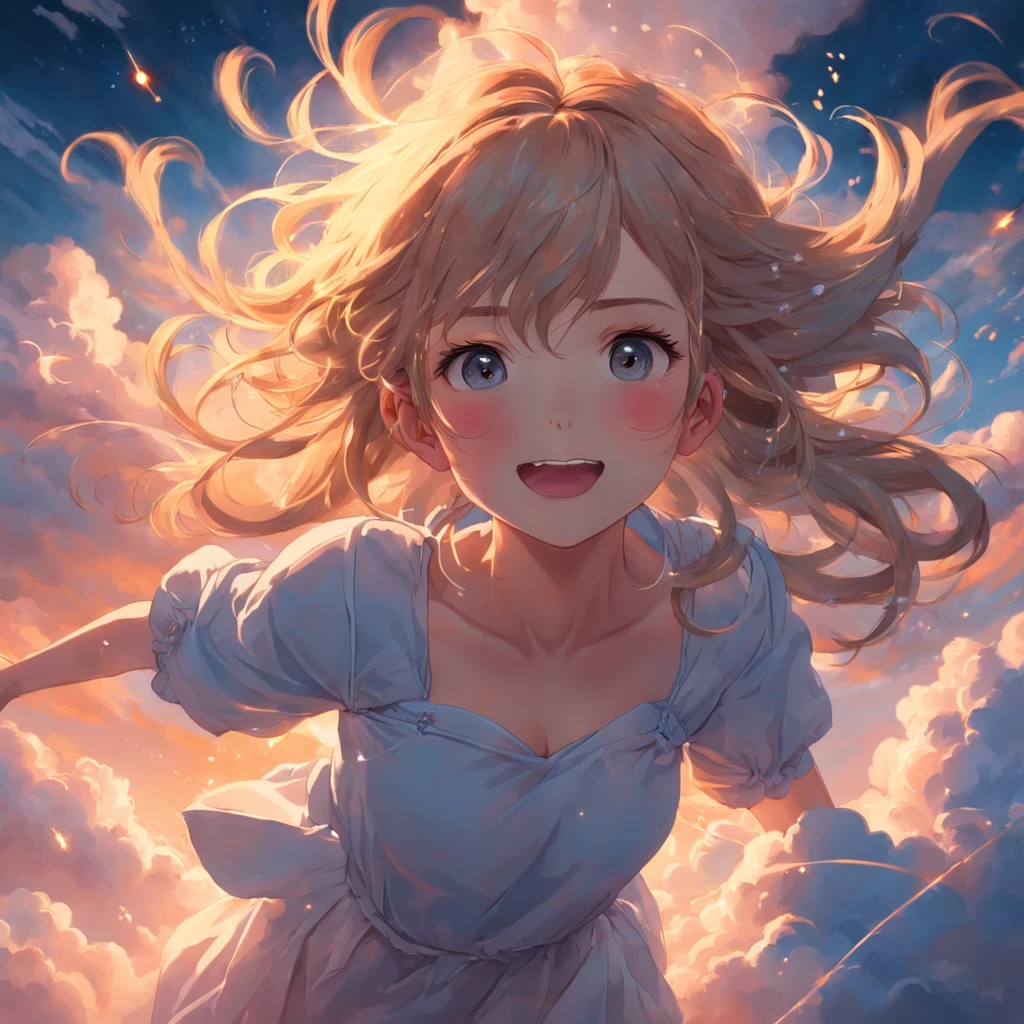 "Create a stunning masterpiece with the best quality, resembling a movie still. Focus on a single girl, known as the cloud girl, gracefully floating in the sky. Capture a close-up shot with bright, happy expressions and a warm soft lighting that evokes a sunset atmosphere. Include subtle sparks in the scene with a weight of 0.7."