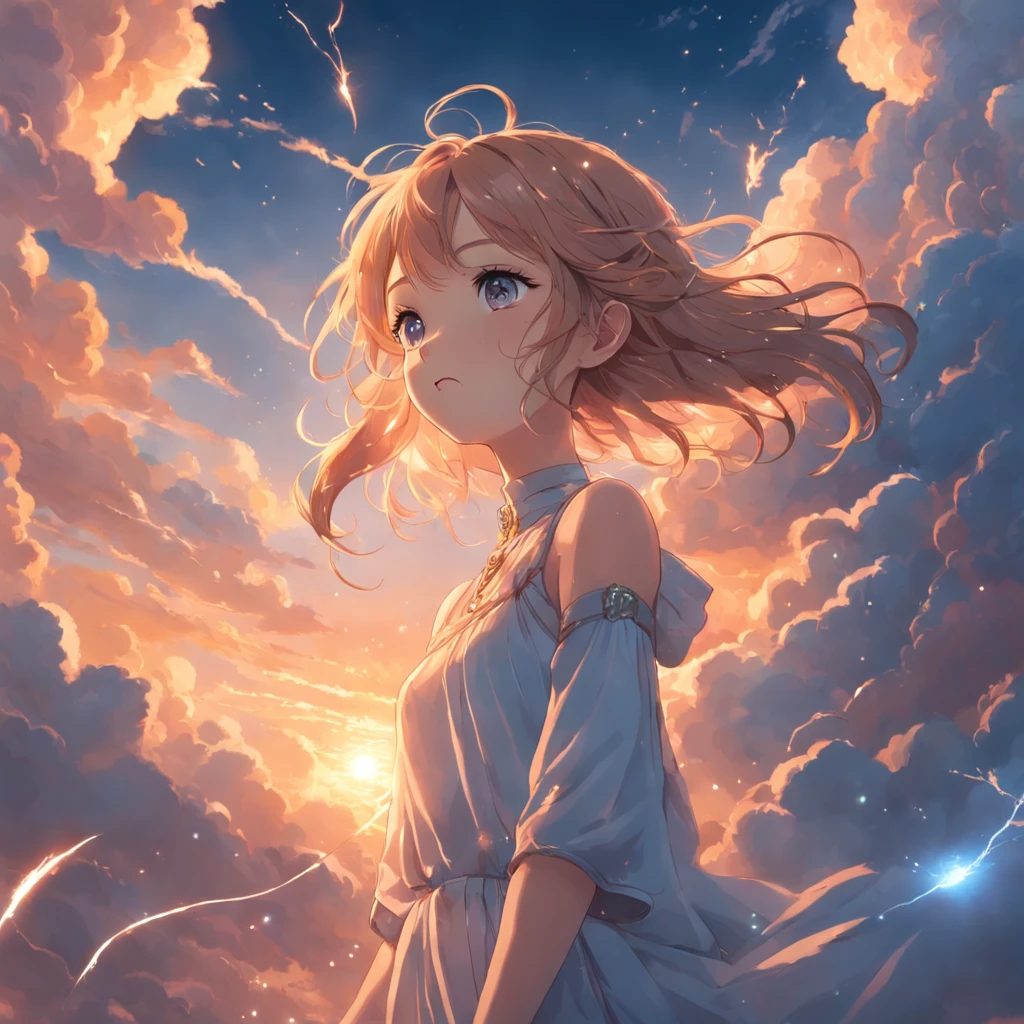 "Create a stunning masterpiece with the best quality, resembling a movie still. Focus on a single girl, known as the cloud girl, gracefully floating in the sky. Capture a close-up shot with bright, happy expressions and a warm soft lighting that evokes a sunset atmosphere. Include subtle sparks in the scene with a weight of 0.7."