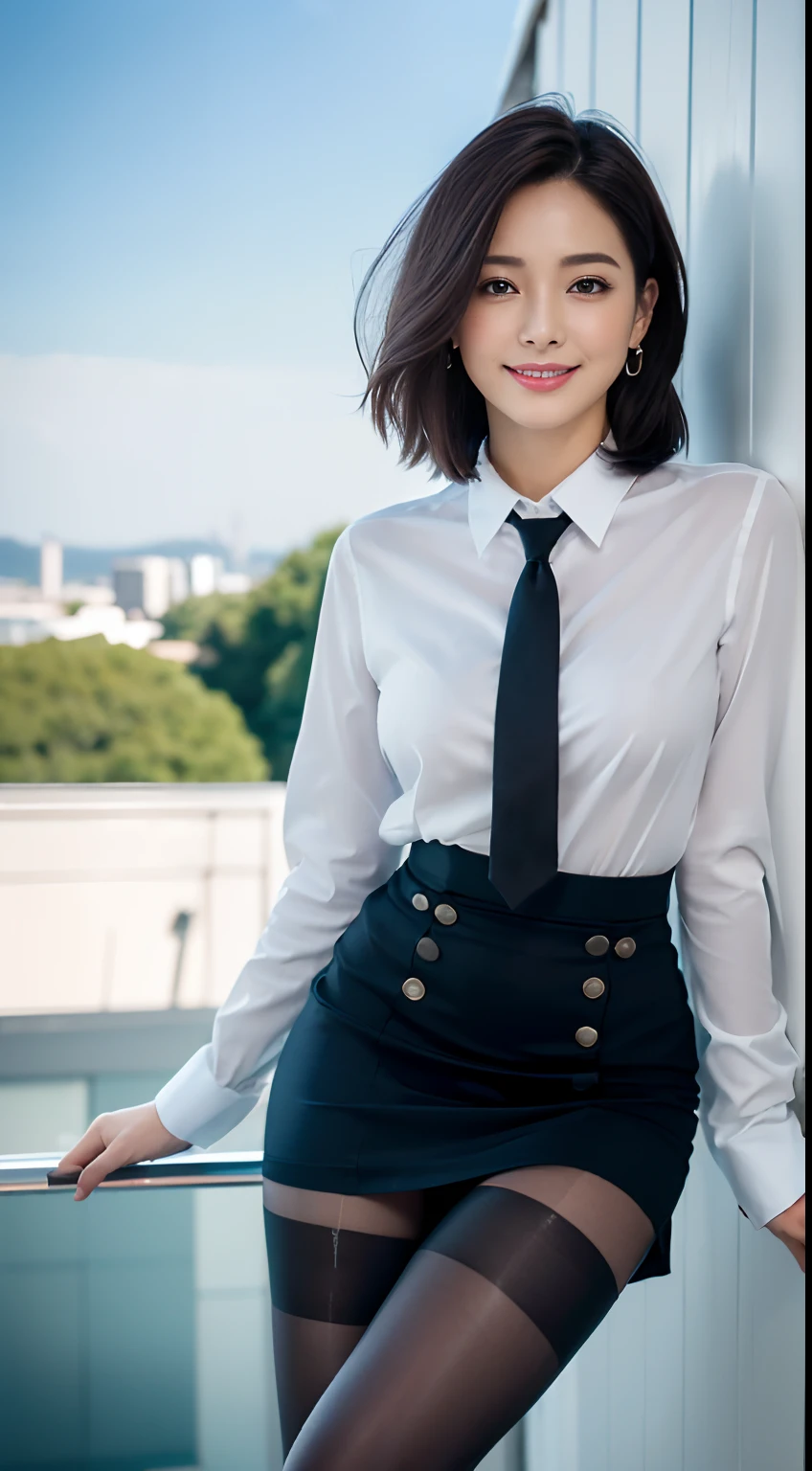 (8K, Best quality, Masterpiece:1.2), (Realistic, photo-realistic:1.37), Ultra-detailed, 1 girl, full bodyesbian, Outdoors, (Adjust hair:1.5) Office Lady, black officeblazer, officeskirt, (Pantyhose black stockings:1.2), (short buttoneddownshirt:1.2), buttonedupcollarprim, buttoneddowncollarprim, Bra, (Pantyhose:1.2), alphalayers, high-heels, Beautiful earrings, Cute, Solo, Beautiful detailed sky, (Smile:1.15), (Closed mouth), Small breasts, Beautiful detailed eyes, Business attire, (Naked flesh,Short ear-length hair:1.2), Floating hair NovaFrogStyle,