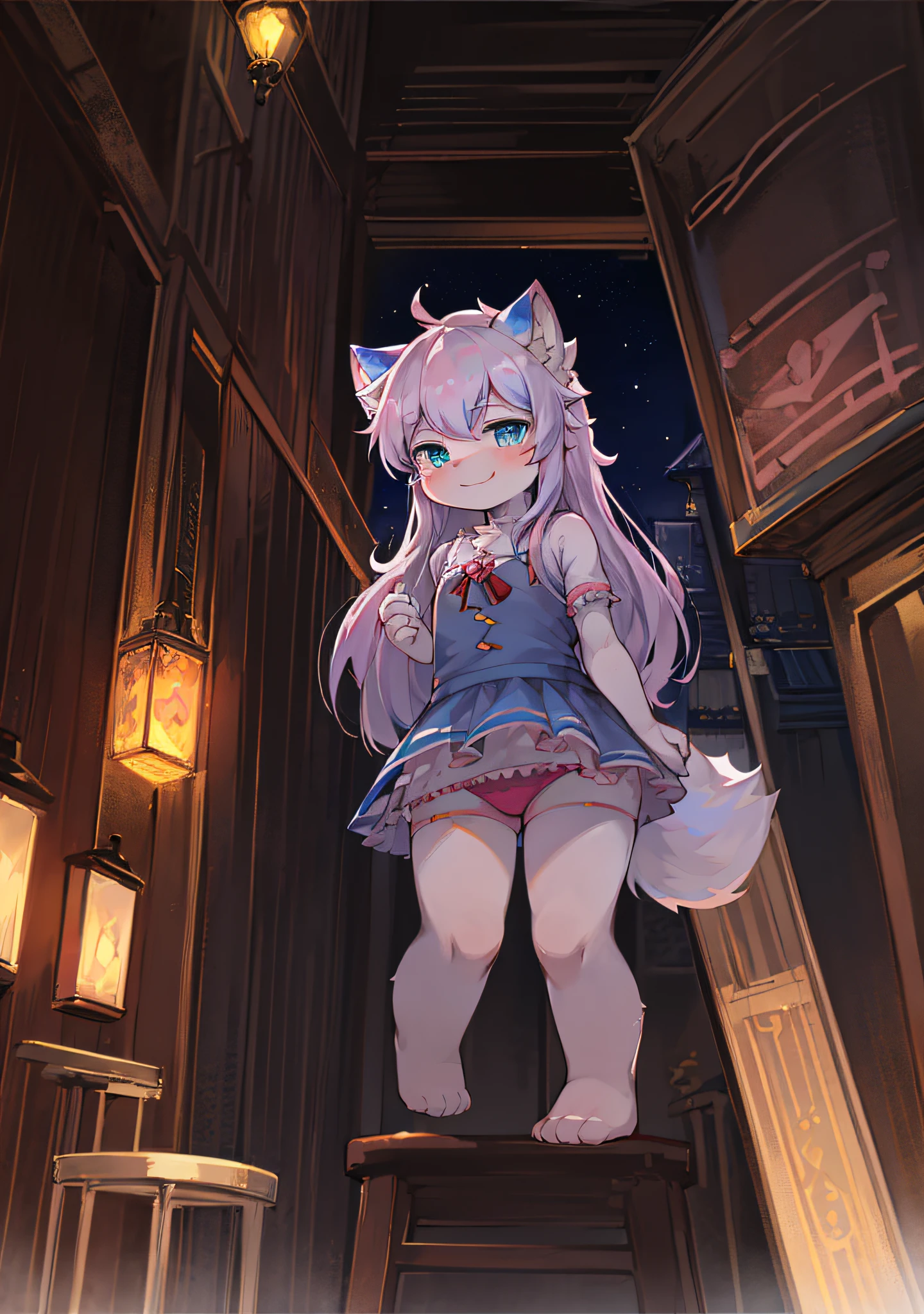 Enhance background details(0.7),hairy pubic,Furry girl,Fluffy tail,blue color eyes,Emphasis on white fur,Delicate fur,Cute toddleShort pink skirt,Young,Ultra-fine fur,Petite and cute emphasis,Detailed characters,A smile on his face(1.2),Pink meat pad,your legs,Enhance long-haired animals(1.2),the night,borgar(1.1)。