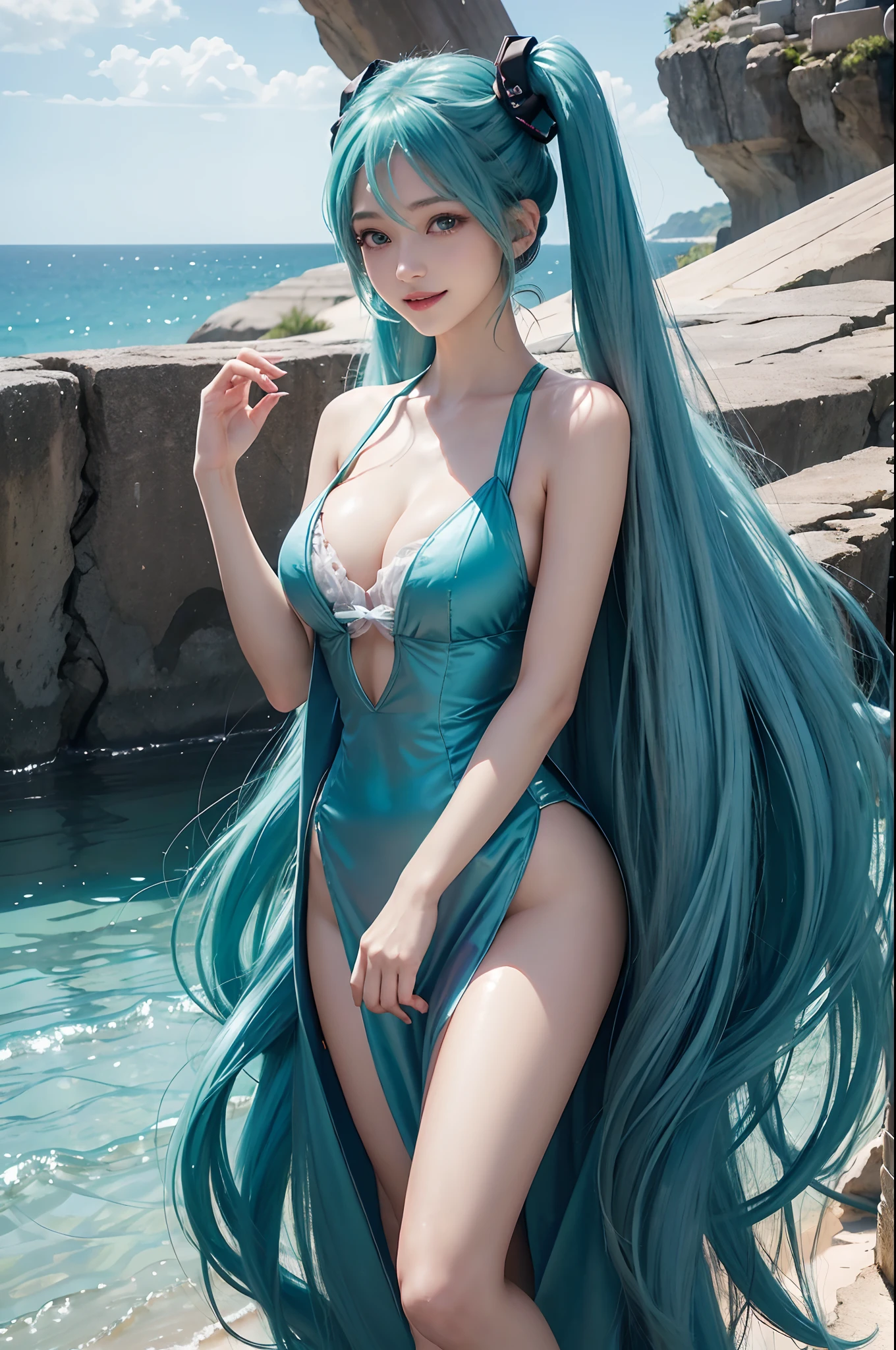 (Hatsune Miku character), Tosca hair color, Long two-tailed hair with ponies, Looking at the view, Eyes on the landscape, Smile girl, Perfect body, Perfect anatomy, Tosca eye color, Double eyelids, Huge breasts, cleavage,Close-up shot