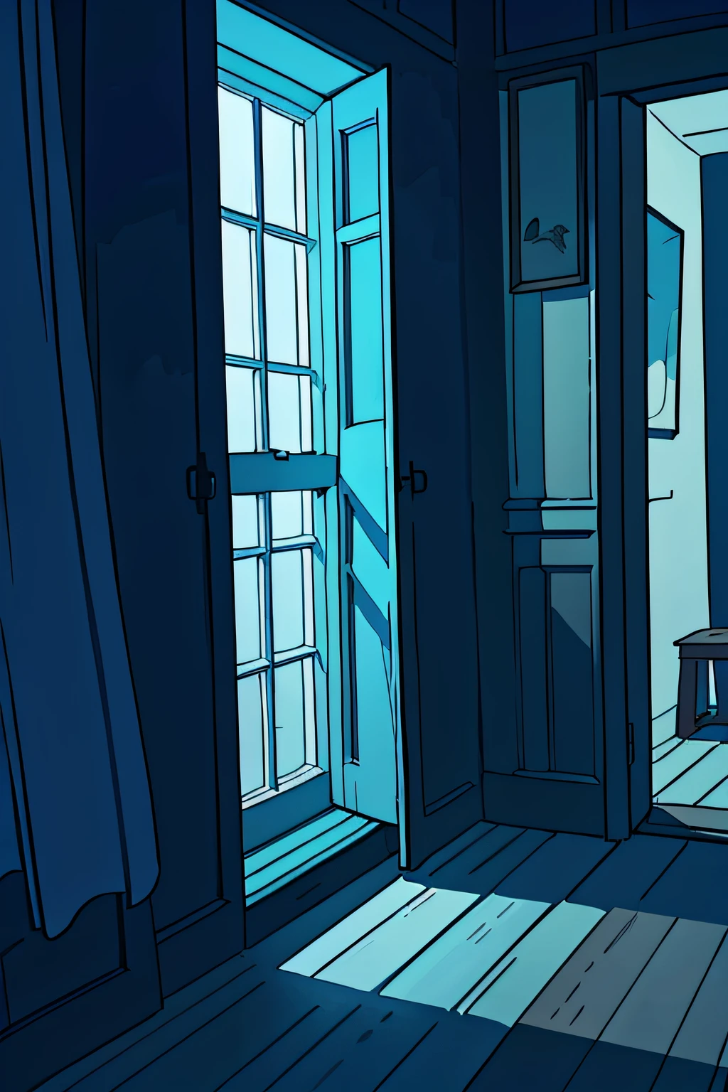 Make an illustration of a window of a house of horror with indistinct whispers from the wind. The whispers should give an impression of disturbing and mysterious voices.